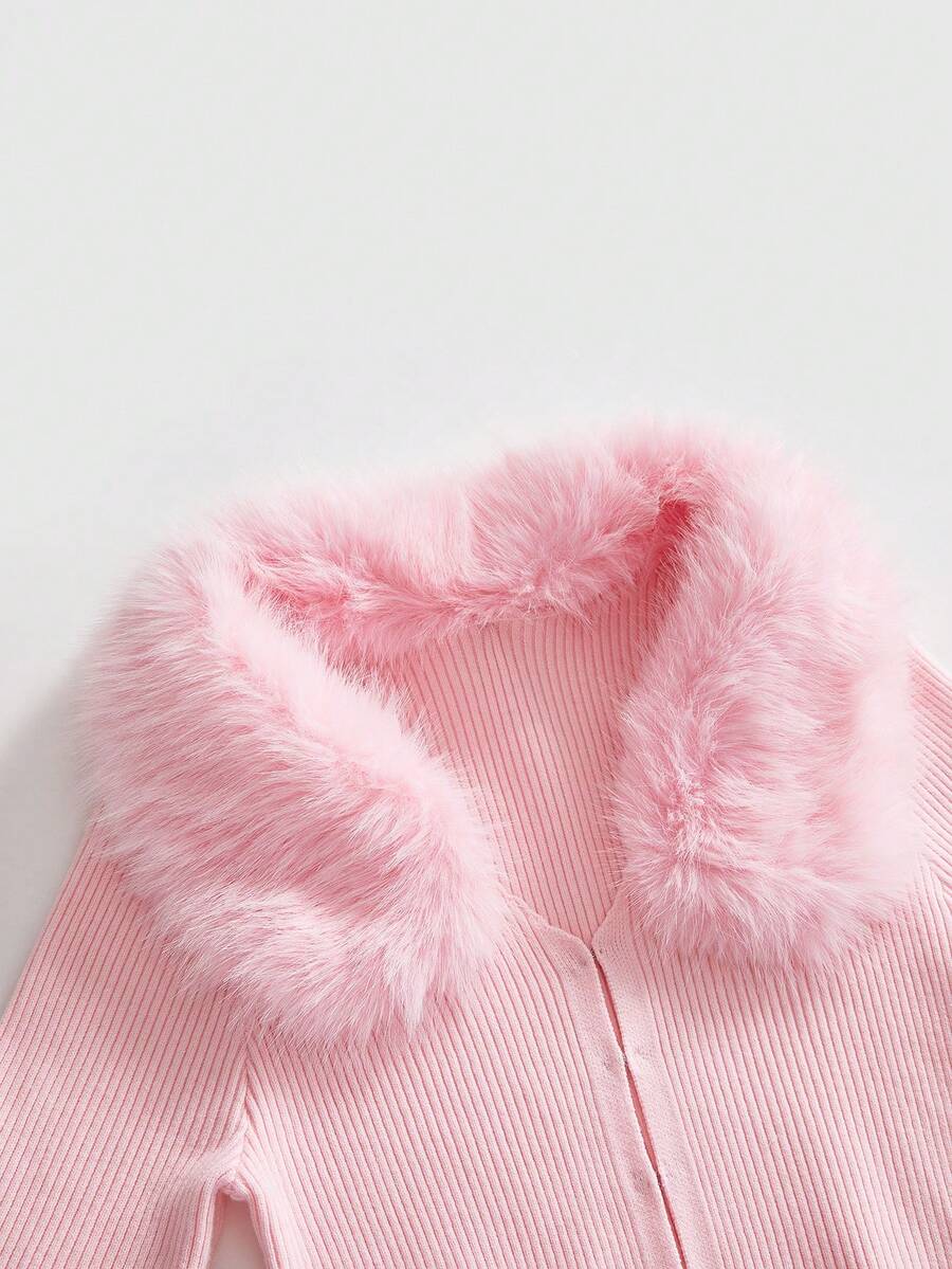 Pink ribbed knit women's cardigan featuring a contrast faux fur collar, button-up front closure, extra-long sleeves, and slim fit waist-cinching silhouette.