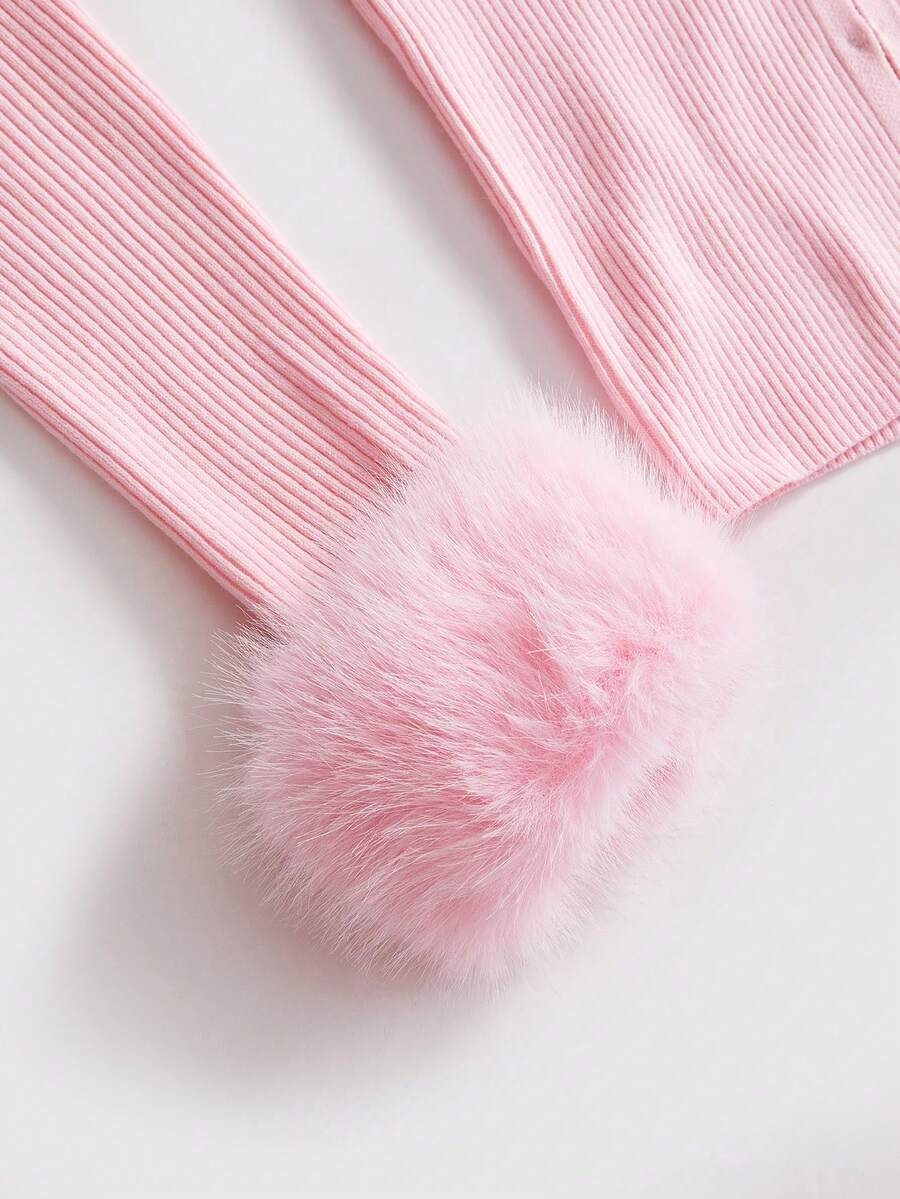 Pink ribbed knit women's cardigan featuring a contrast faux fur collar, button-up front closure, extra-long sleeves, and slim fit waist-cinching silhouette.