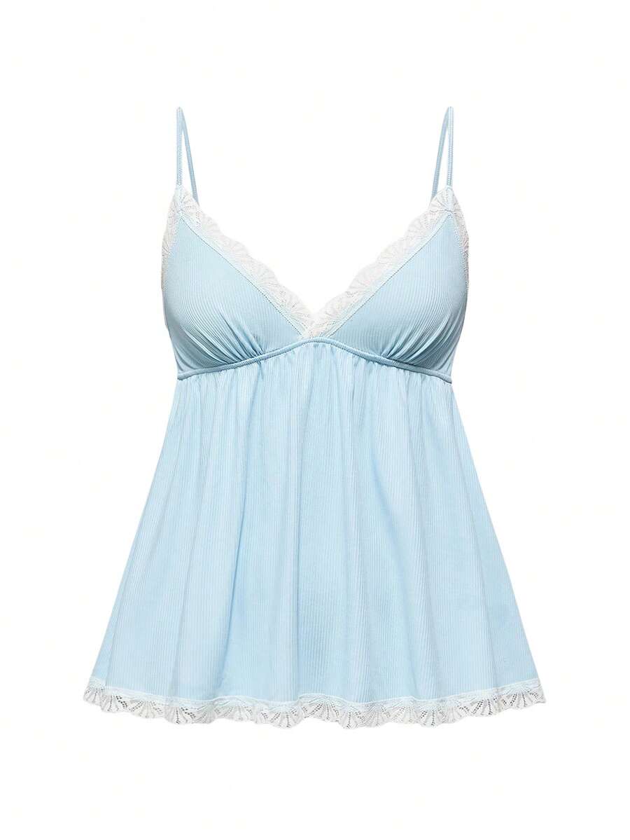 Ribbed lace camisole and shorts pajama set with spaghetti straps, bow detail, and contrast lace trim