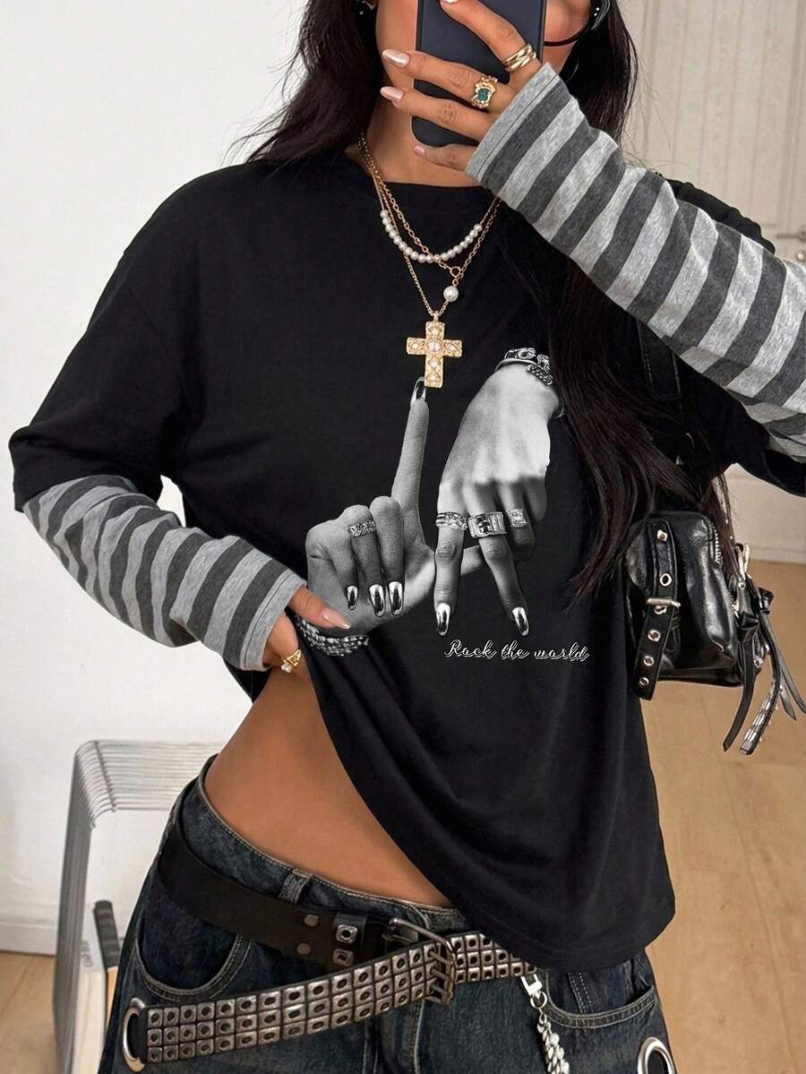 Women's casual 2-in-1 striped long sleeve graphic t-shirt featuring a round neckline, drop shoulders, rib-knit accents, and a loose fit.
