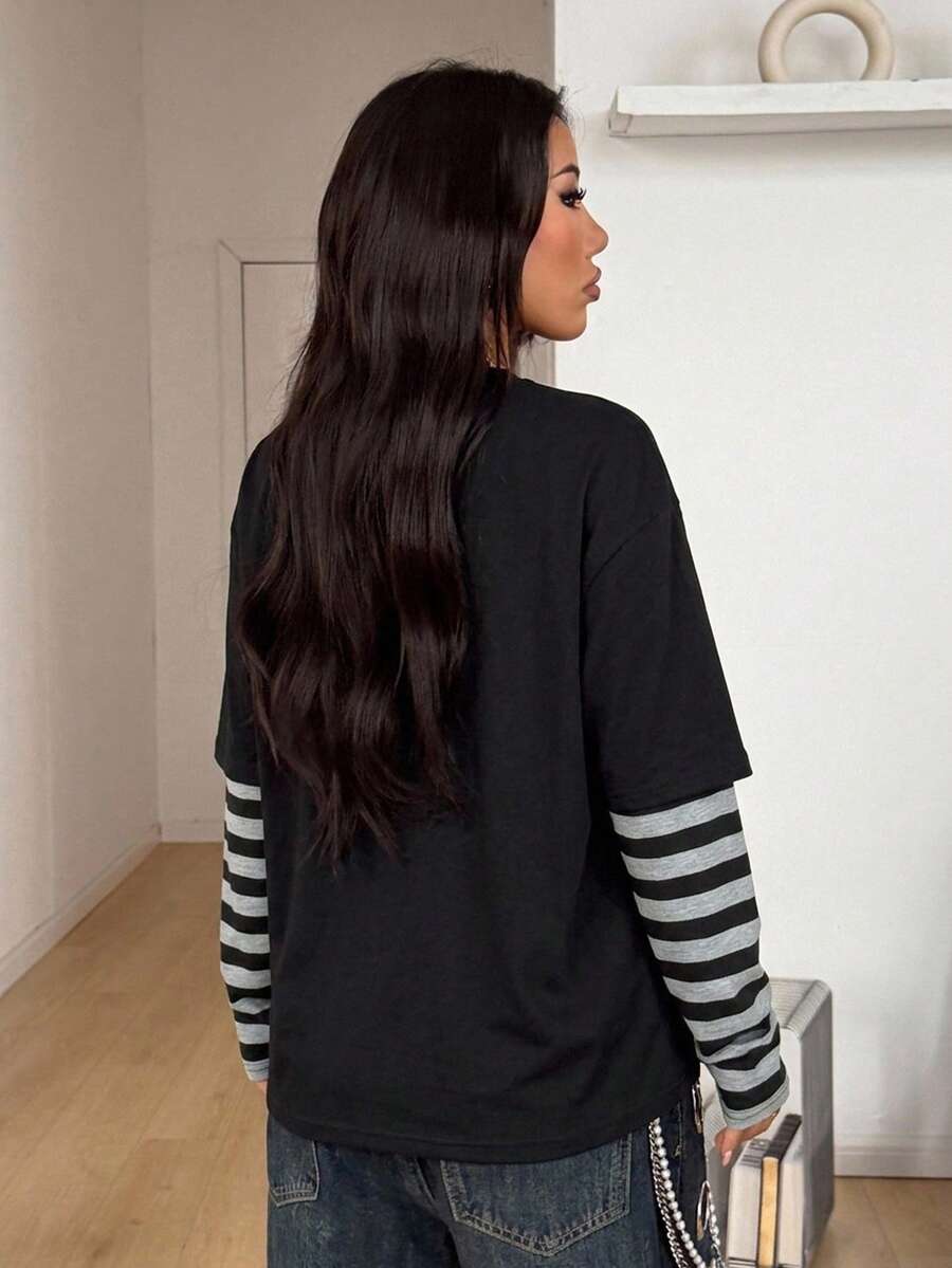 Women's casual 2-in-1 striped long sleeve graphic t-shirt featuring a round neckline, drop shoulders, rib-knit accents, and a loose fit.