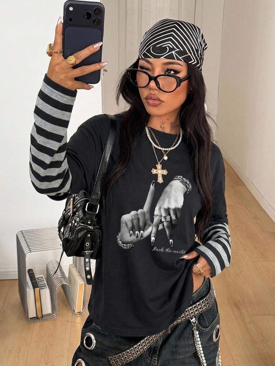 Women's casual 2-in-1 striped long sleeve graphic t-shirt featuring a round neckline, drop shoulders, rib-knit accents, and a loose fit.