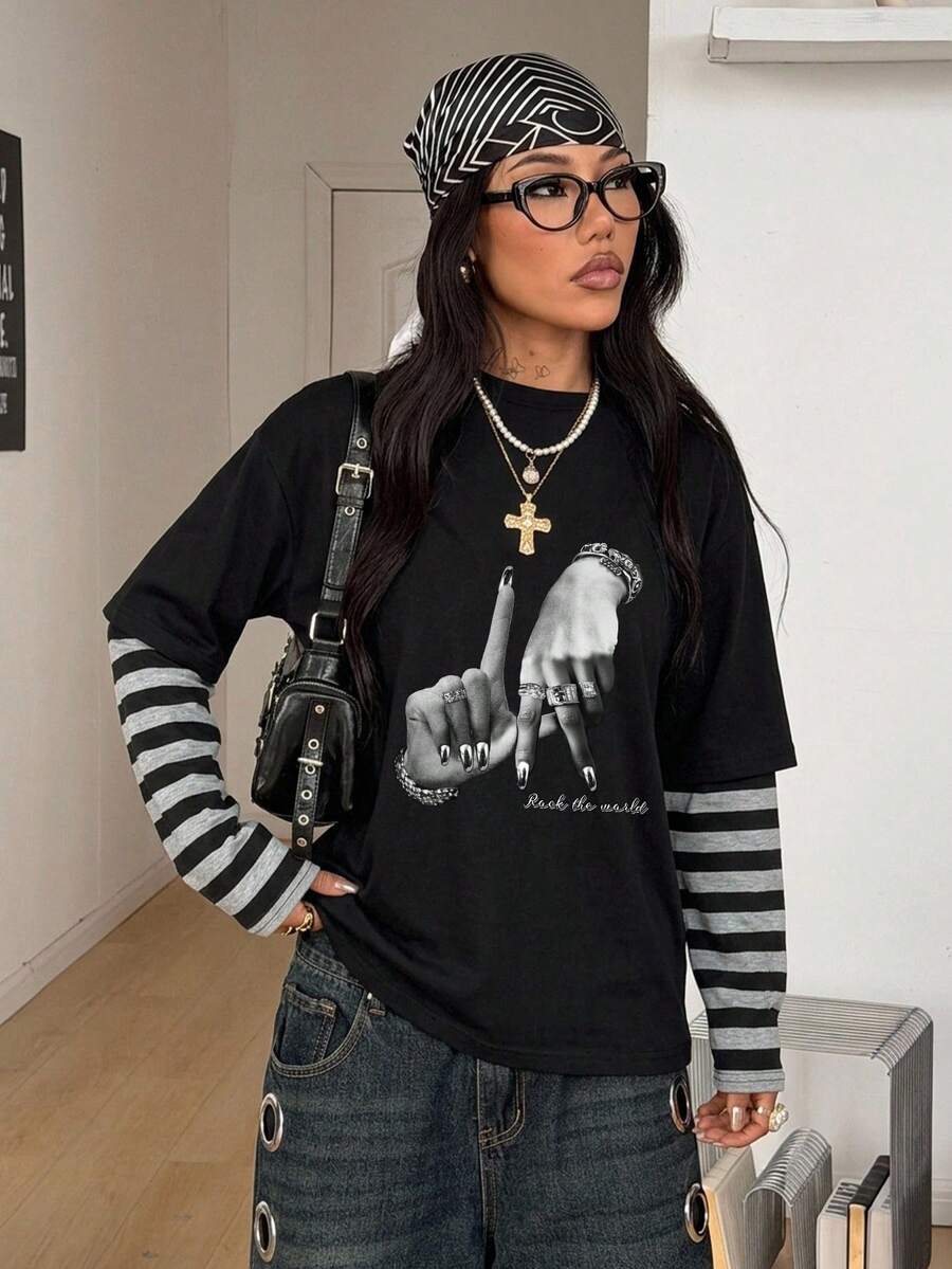 Women's casual 2-in-1 striped long sleeve graphic t-shirt featuring a round neckline, drop shoulders, rib-knit accents, and a loose fit.