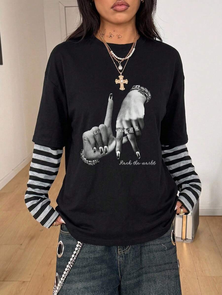 Women's casual 2-in-1 striped long sleeve graphic t-shirt featuring a round neckline, drop shoulders, rib-knit accents, and a loose fit.