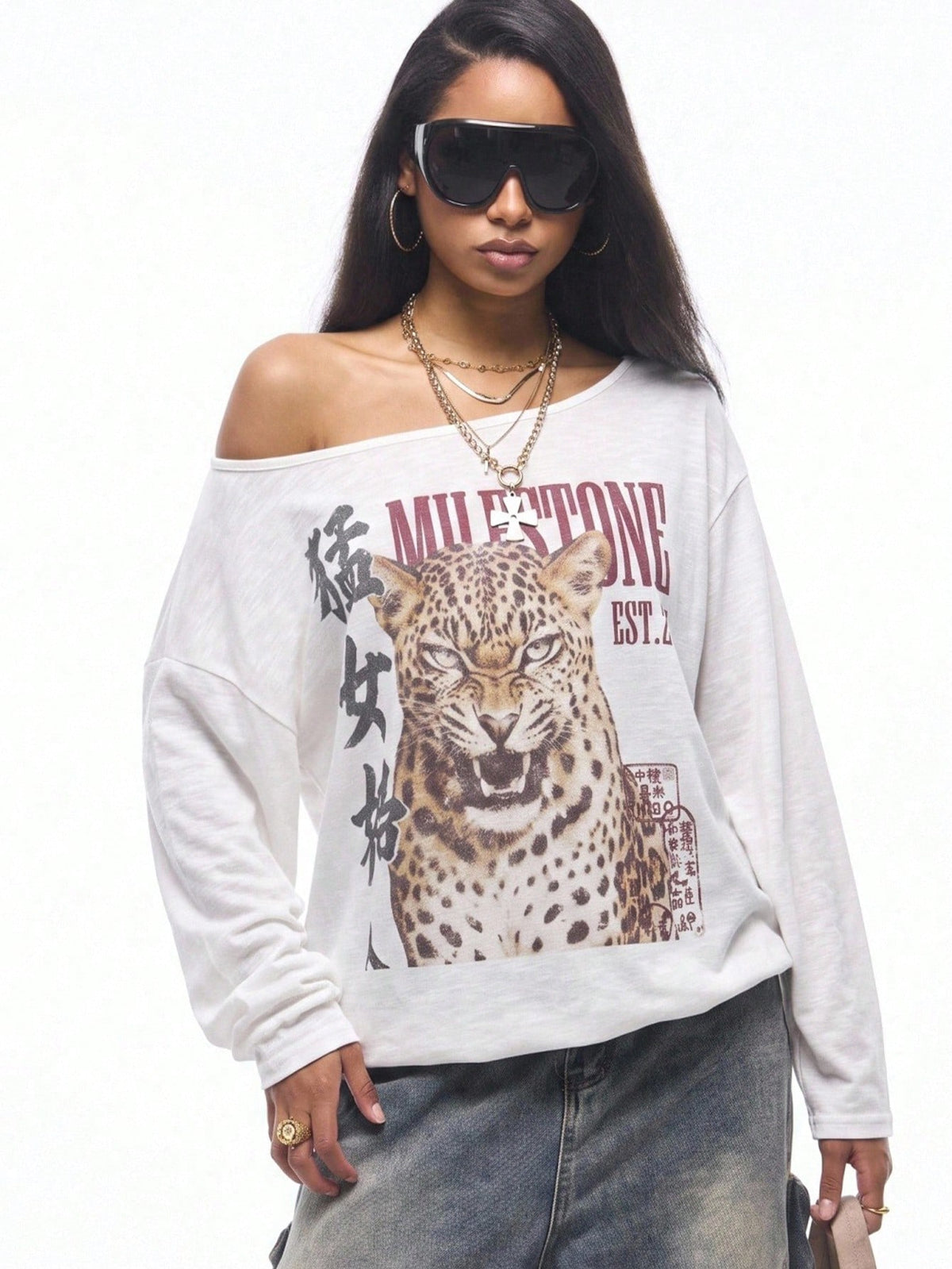 Women's brown striped boat neck long sleeve raglan T-shirt with a loose casual fit