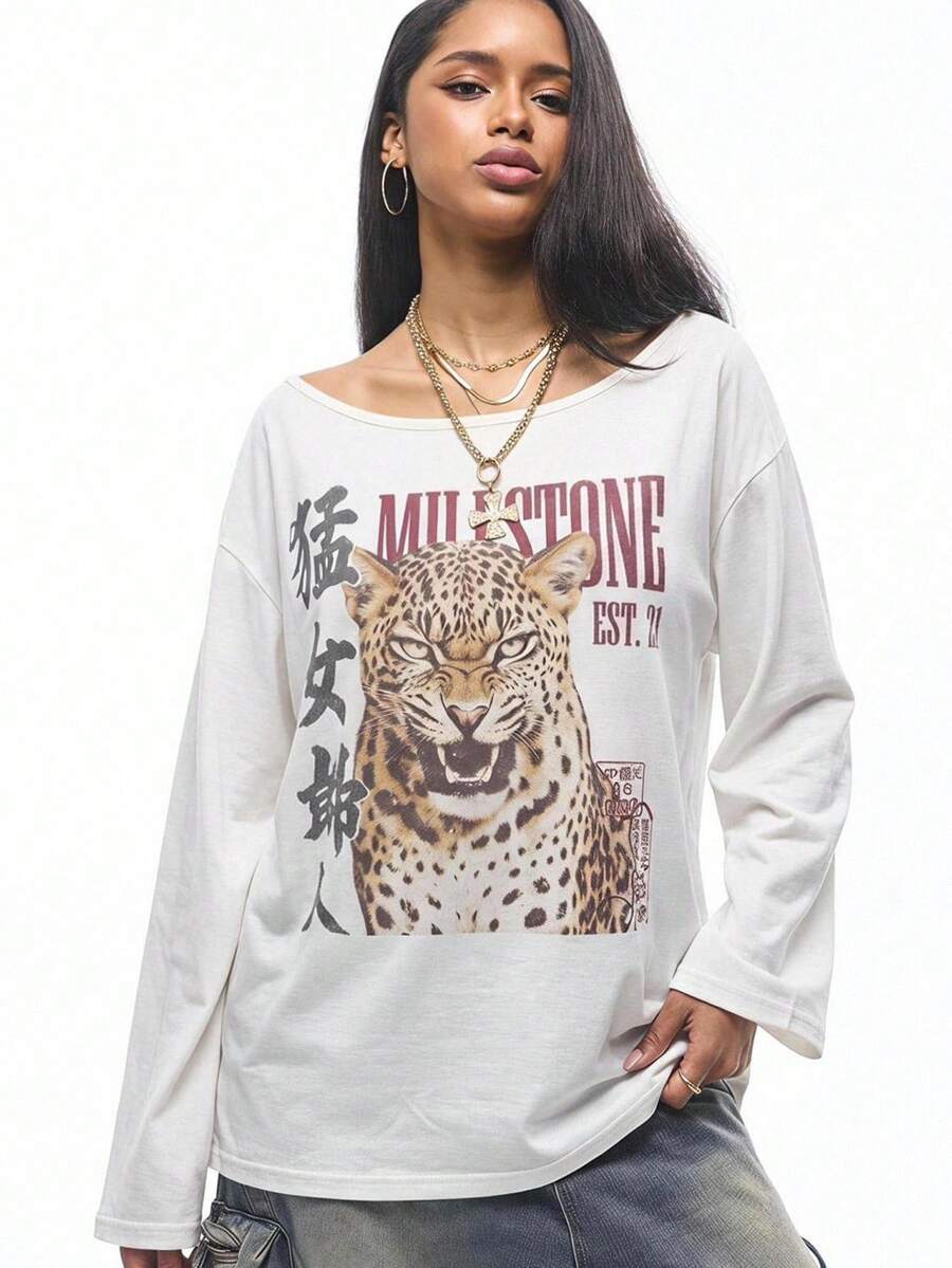 Women's brown striped boat neck long sleeve raglan T-shirt with a loose casual fit