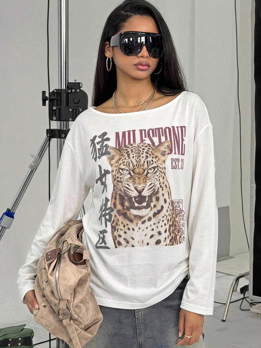 Women's brown striped boat neck long sleeve raglan T-shirt with a loose casual fit