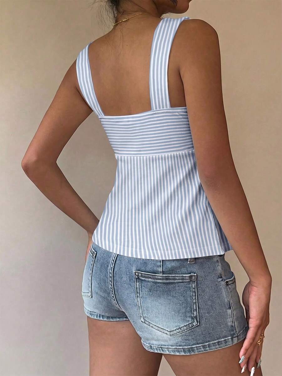 Women's striped camisole tank top with strap neckline, backless knot detail, cold shoulder styling, slim fit, and flared hem for casual vacation or daily wear.