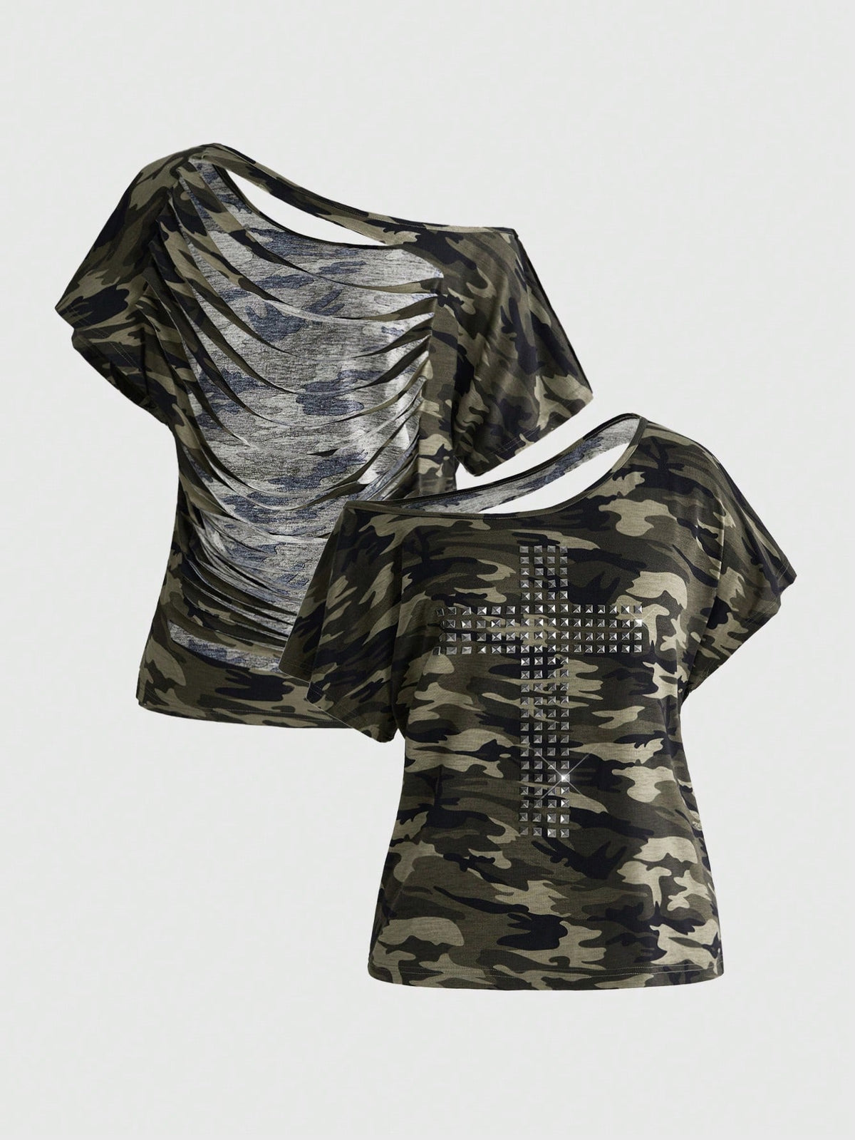Women's grunge punk style short sleeve t-shirt featuring an asymmetrical neckline, hollow-out cut detail, and relaxed batwing sleeves in a soft cotton stretch fabric.