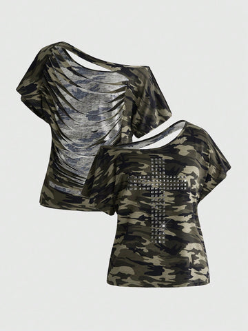 Women's grunge punk style short sleeve t-shirt featuring an asymmetrical neckline, hollow-out cut detail, and relaxed batwing sleeves in a soft cotton stretch fabric.