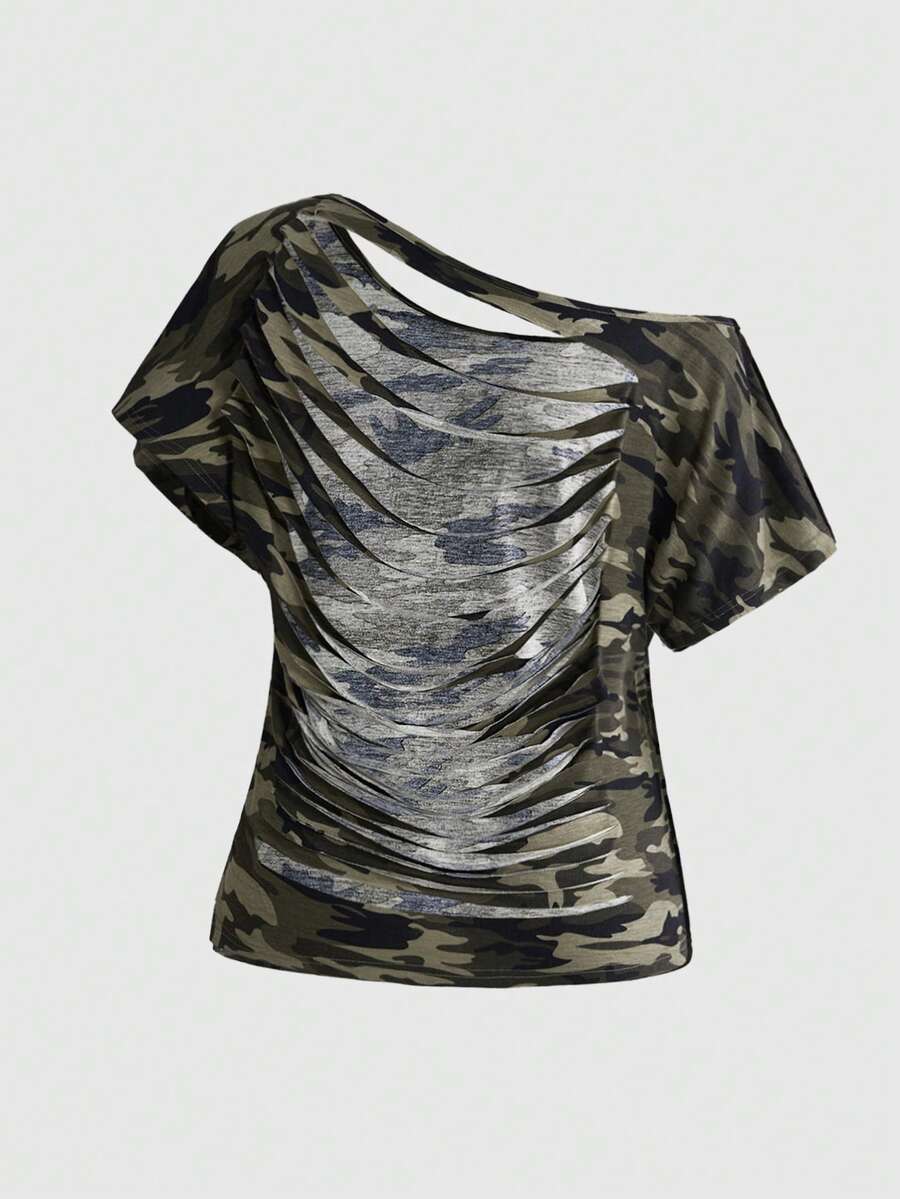 Women's grunge punk style short sleeve t-shirt featuring an asymmetrical neckline, hollow-out cut detail, and relaxed batwing sleeves in a soft cotton stretch fabric.