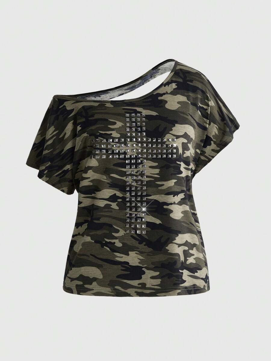 Women's grunge punk style short sleeve t-shirt featuring an asymmetrical neckline, hollow-out cut detail, and relaxed batwing sleeves in a soft cotton stretch fabric.