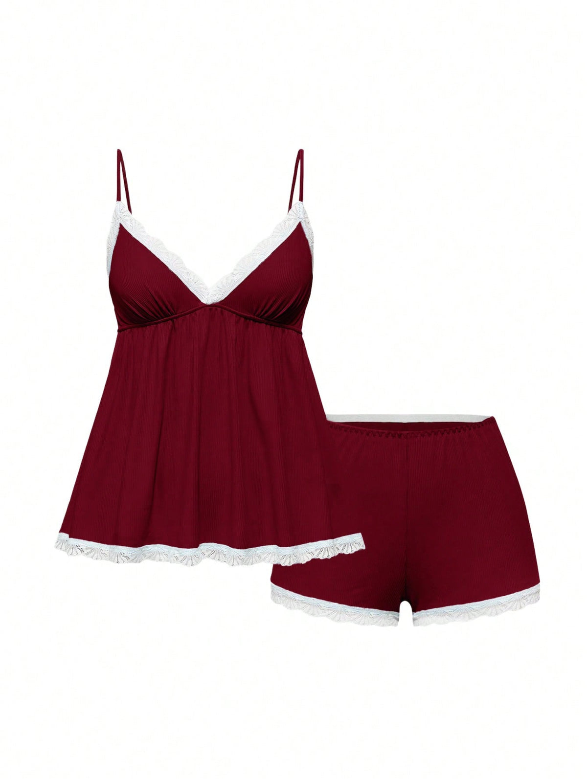 Ribbed lace camisole and shorts pajama set with spaghetti straps, bow detail, and contrast lace trim