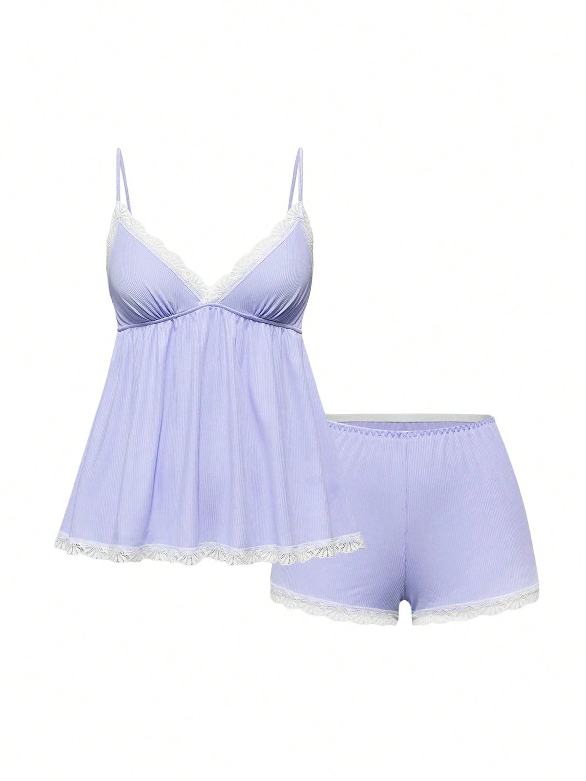 Ribbed lace camisole and shorts pajama set with spaghetti straps, bow detail, and contrast lace trim