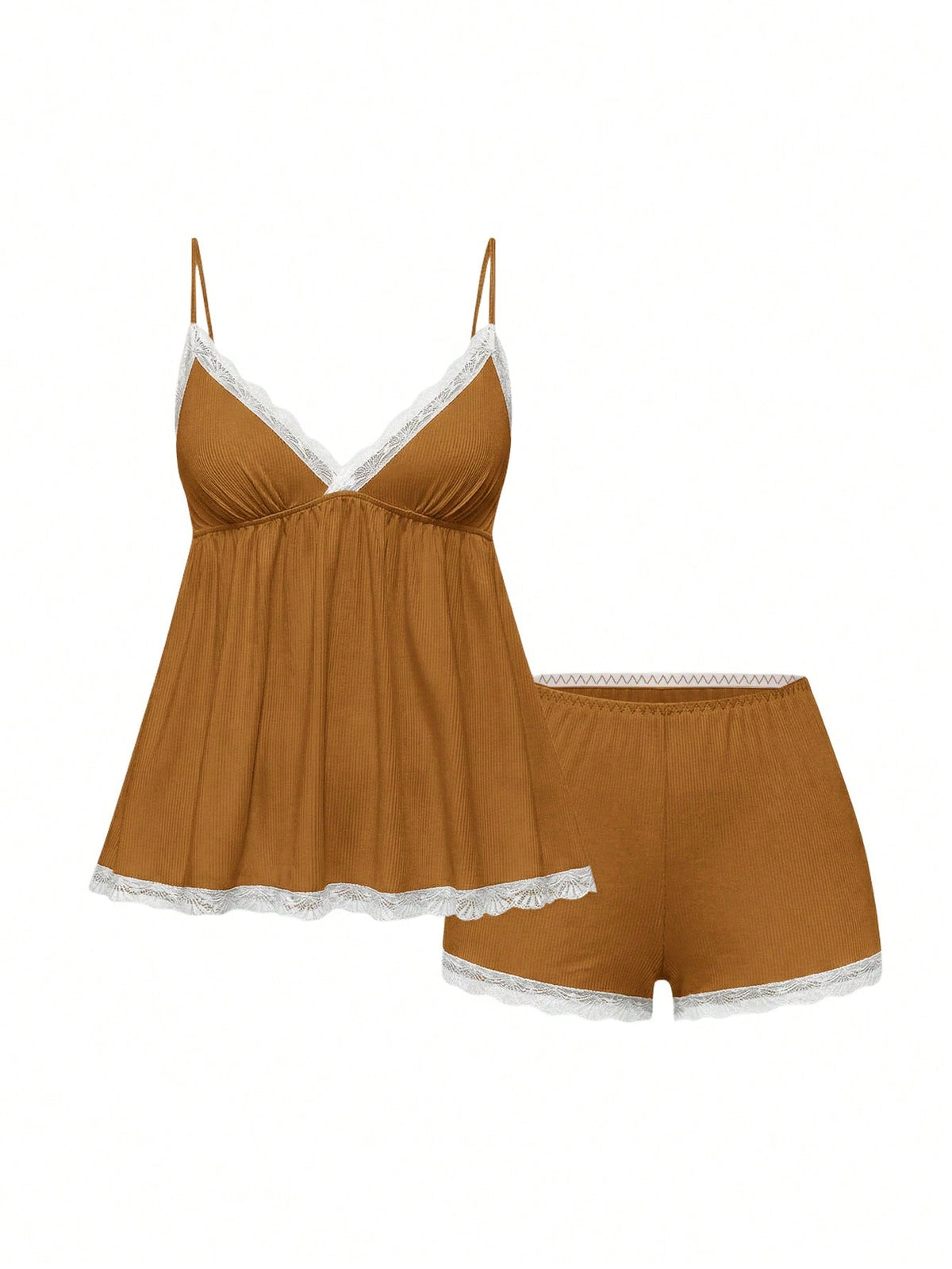 Ribbed lace camisole and shorts pajama set with spaghetti straps, bow detail, and contrast lace trim