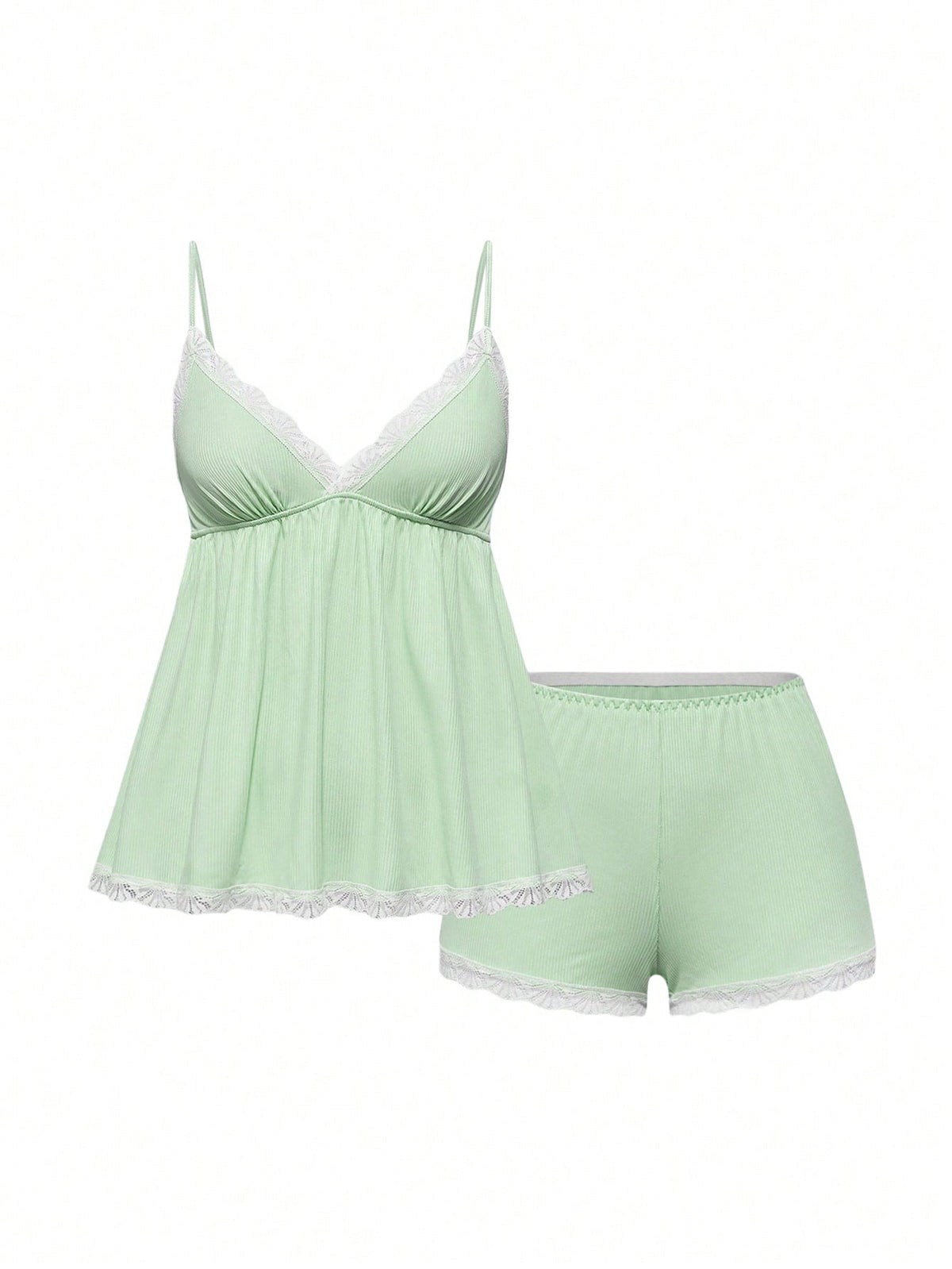 Ribbed lace camisole and shorts pajama set with spaghetti straps, bow detail, and contrast lace trim
