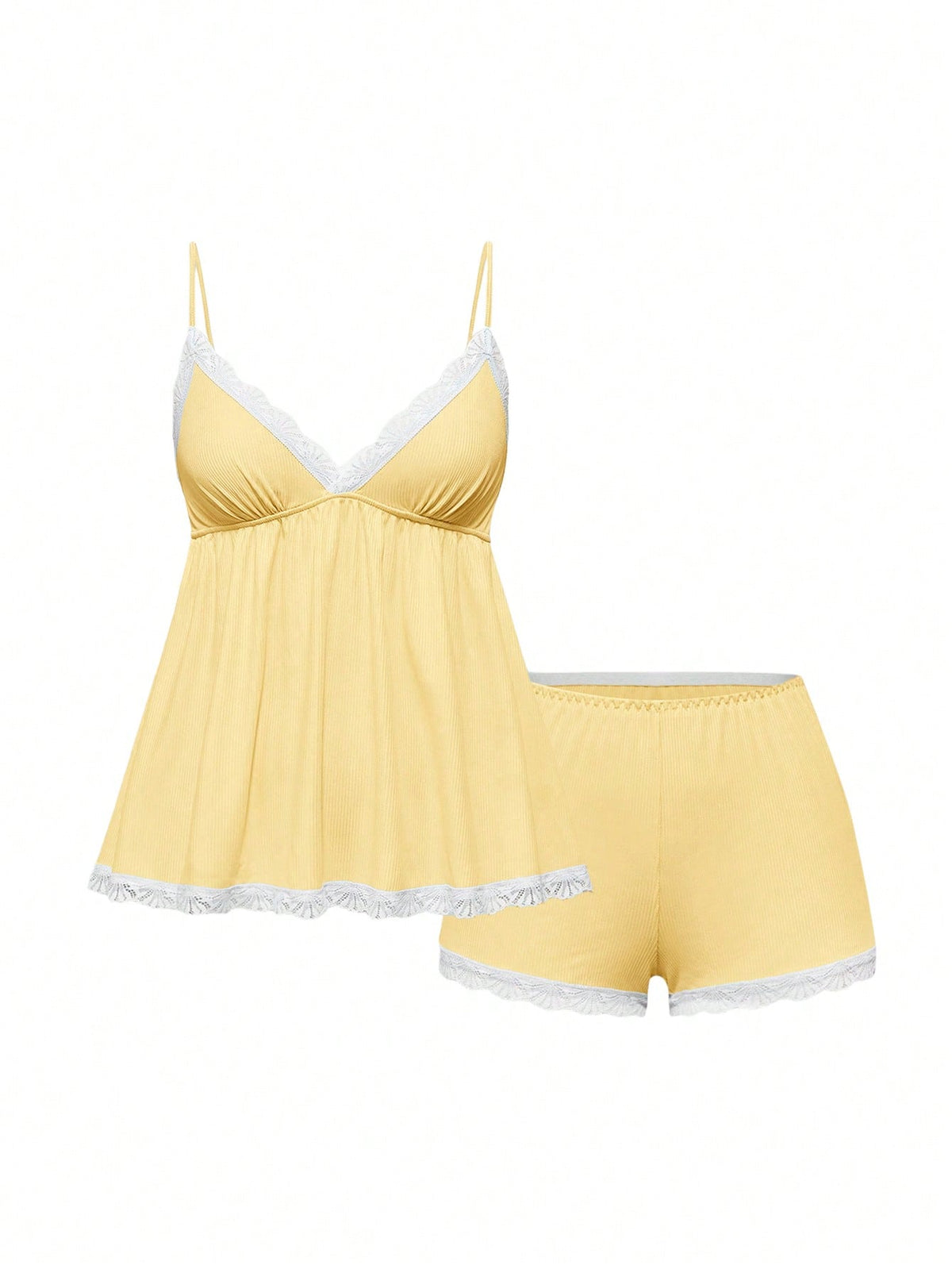 Ribbed lace camisole and shorts pajama set with spaghetti straps, bow detail, and contrast lace trim