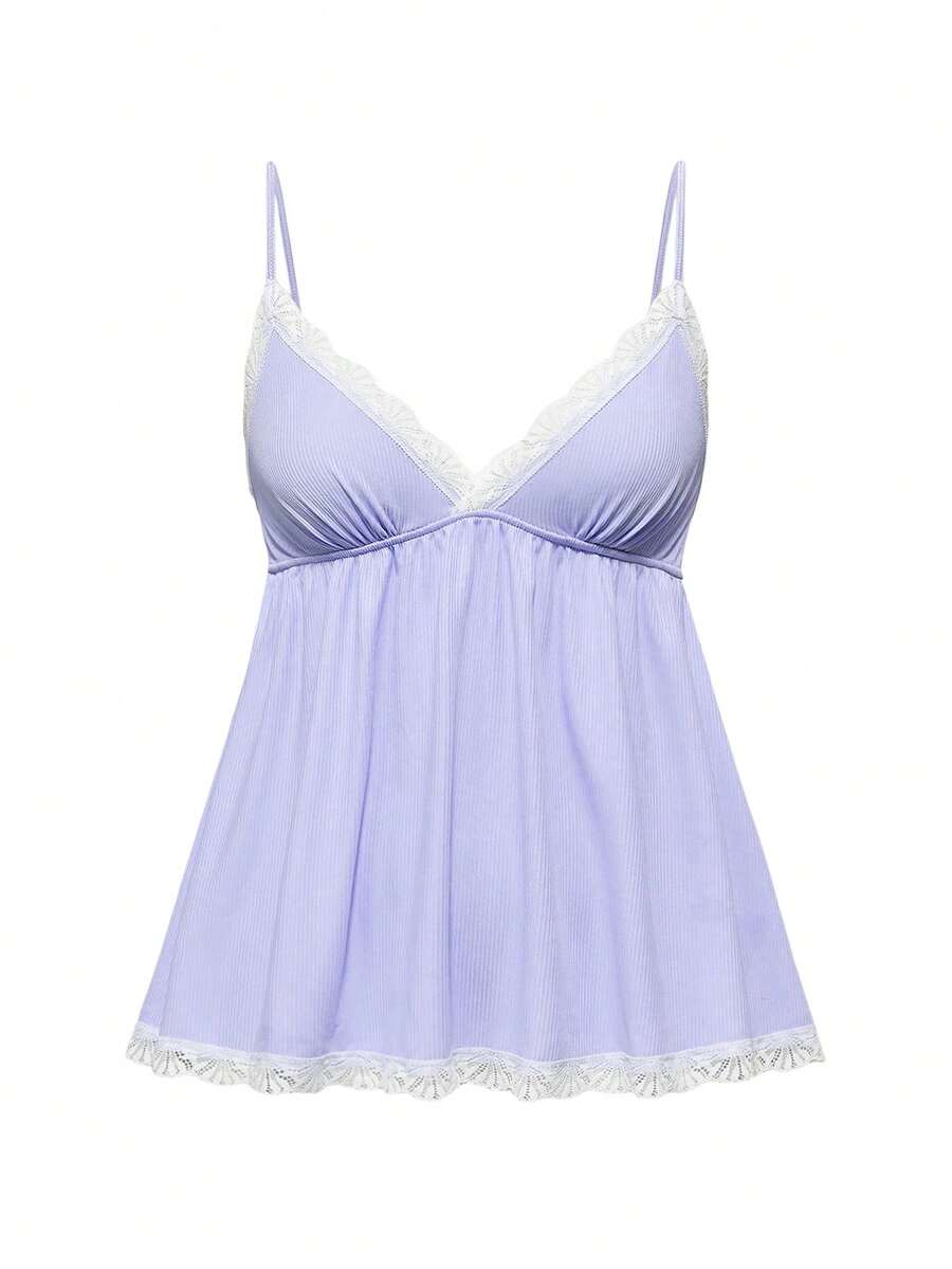 Ribbed lace camisole and shorts pajama set with spaghetti straps, bow detail, and contrast lace trim