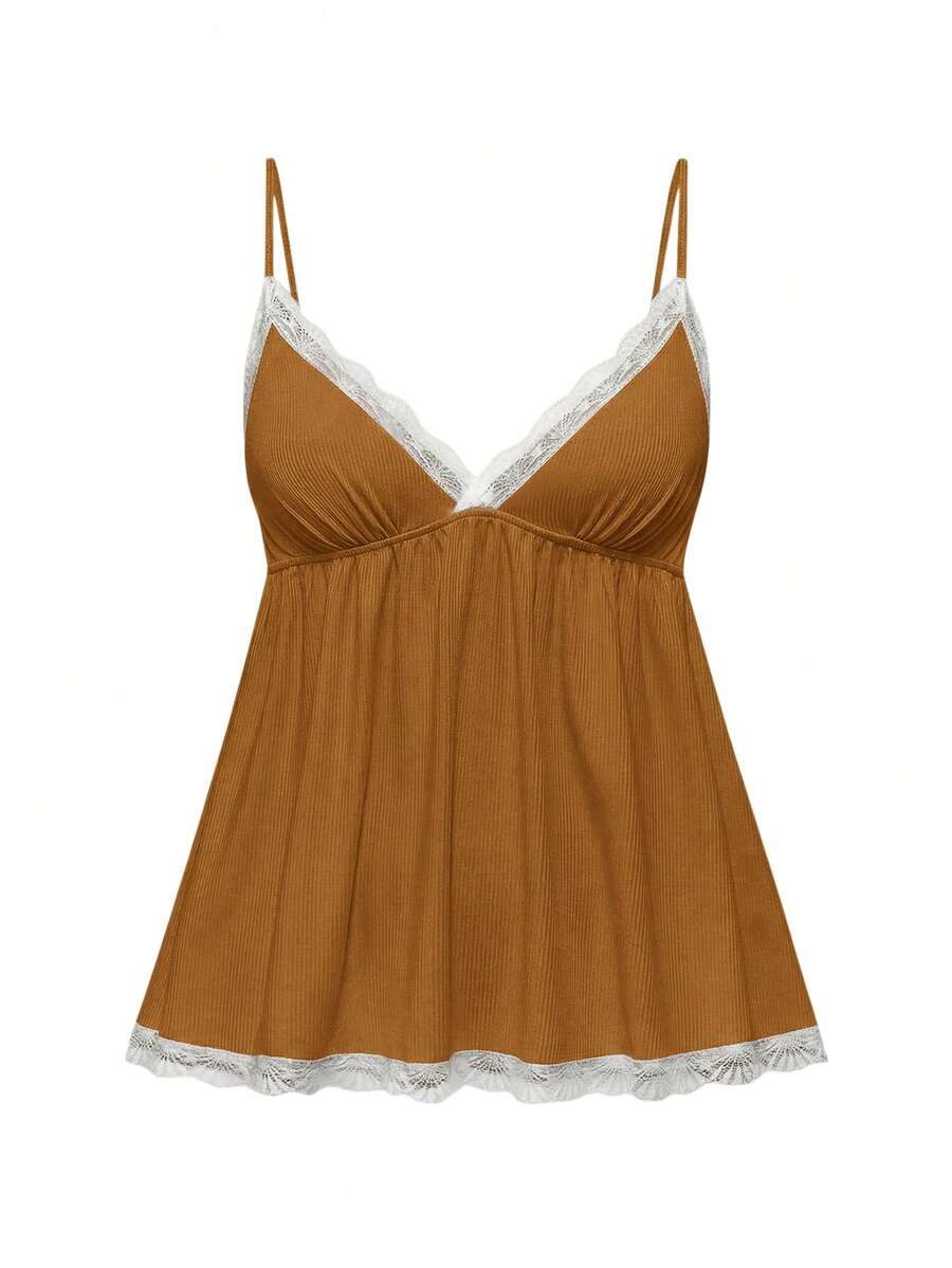 Ribbed lace camisole and shorts pajama set with spaghetti straps, bow detail, and contrast lace trim