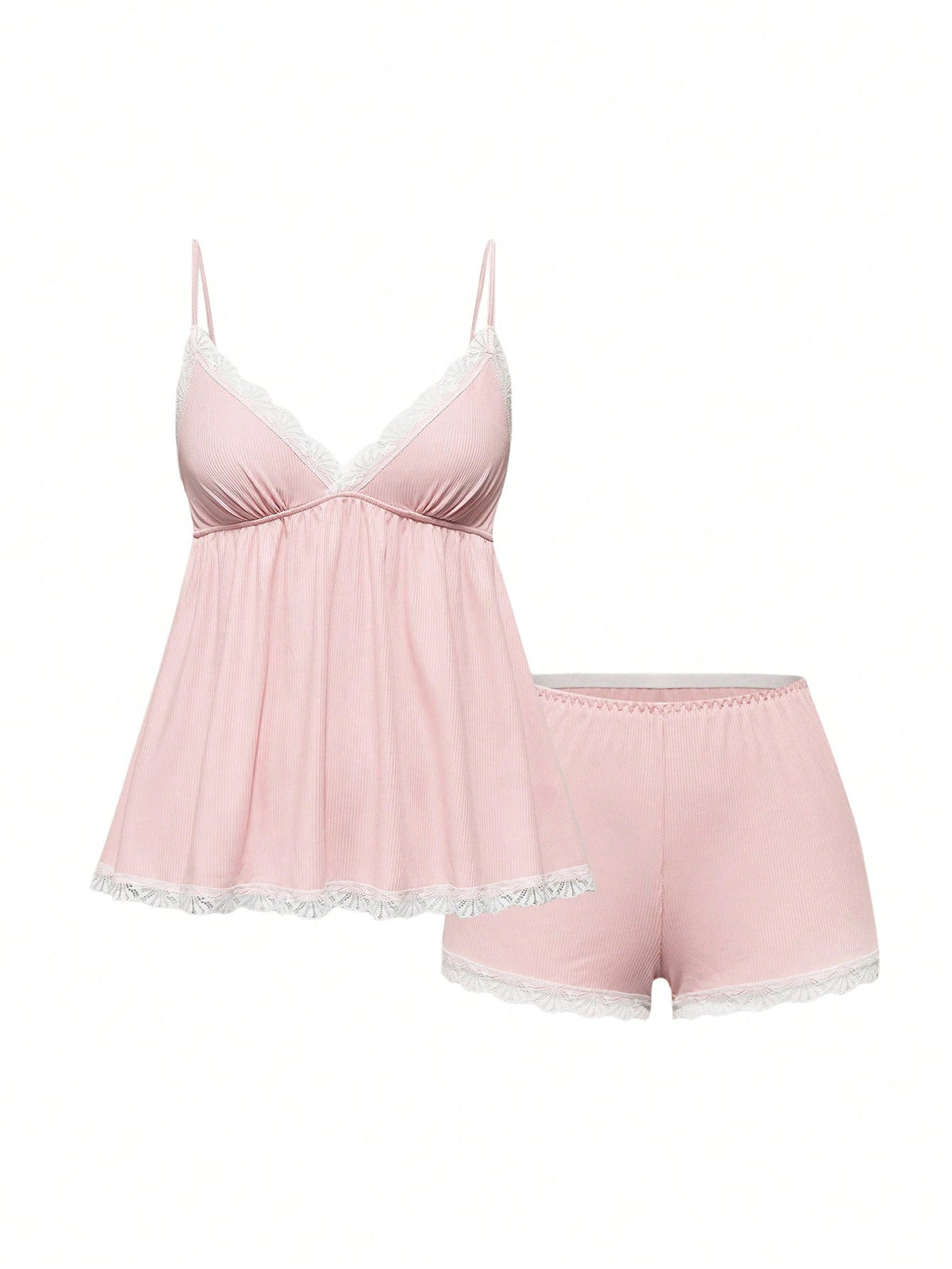 Ribbed lace camisole and shorts pajama set with spaghetti straps, bow detail, and contrast lace trim