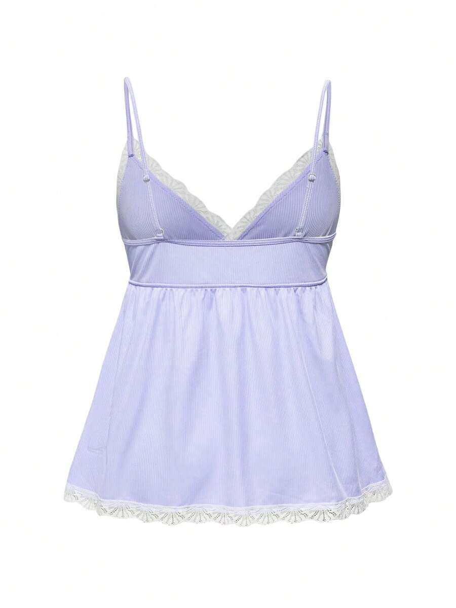 Ribbed lace camisole and shorts pajama set with spaghetti straps, bow detail, and contrast lace trim