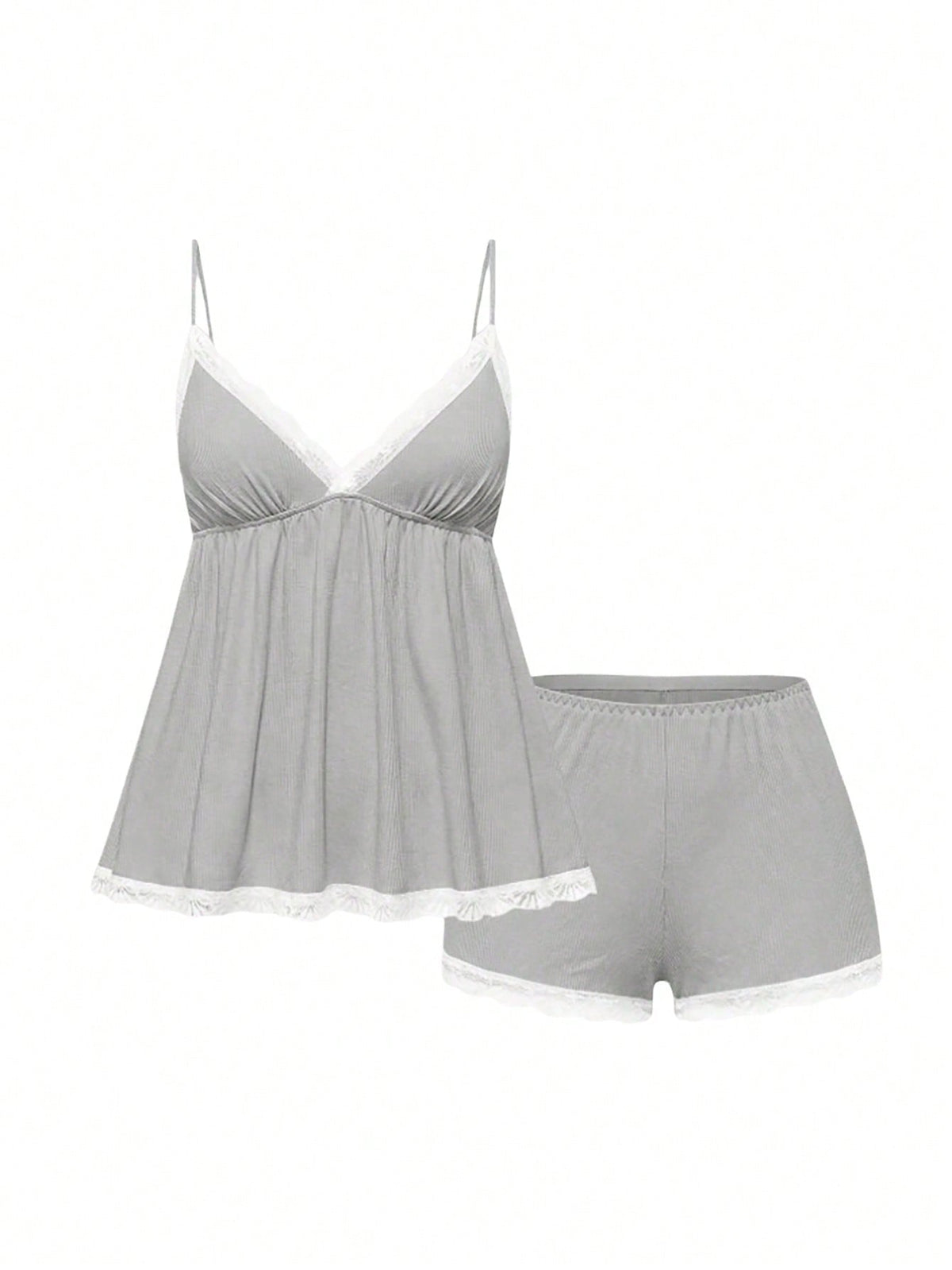 Ribbed lace camisole and shorts pajama set with spaghetti straps, bow detail, and contrast lace trim