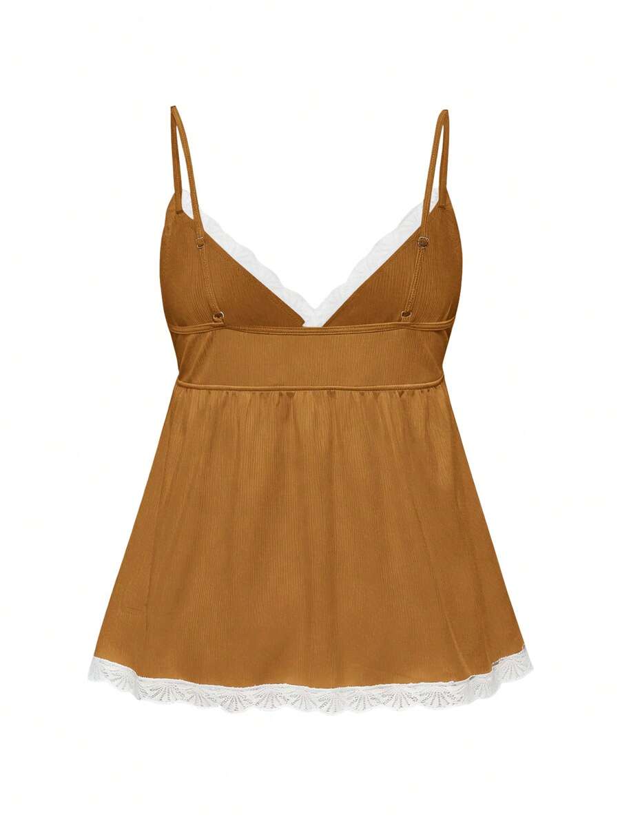 Ribbed lace camisole and shorts pajama set with spaghetti straps, bow detail, and contrast lace trim