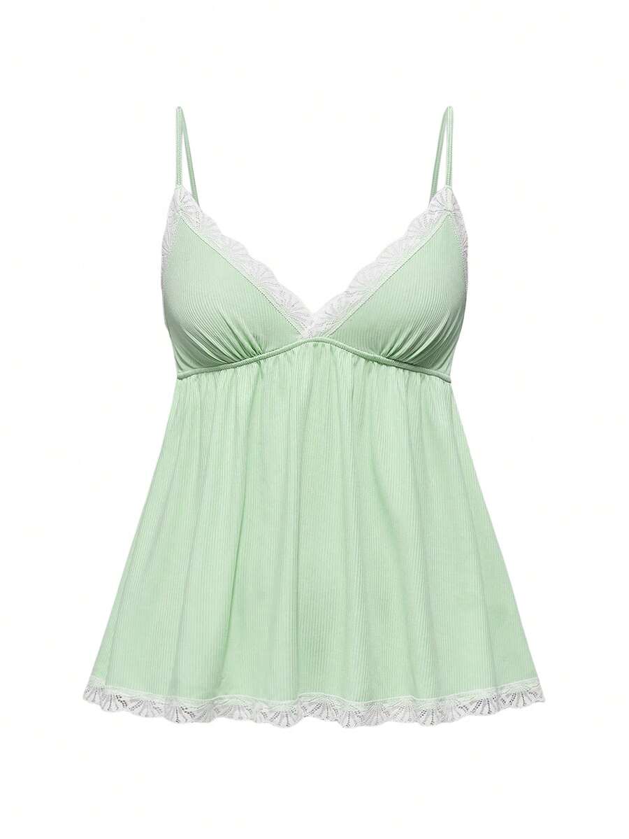 Ribbed lace camisole and shorts pajama set with spaghetti straps, bow detail, and contrast lace trim