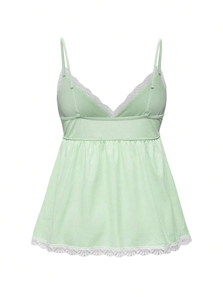 Ribbed lace camisole and shorts pajama set with spaghetti straps, bow detail, and contrast lace trim