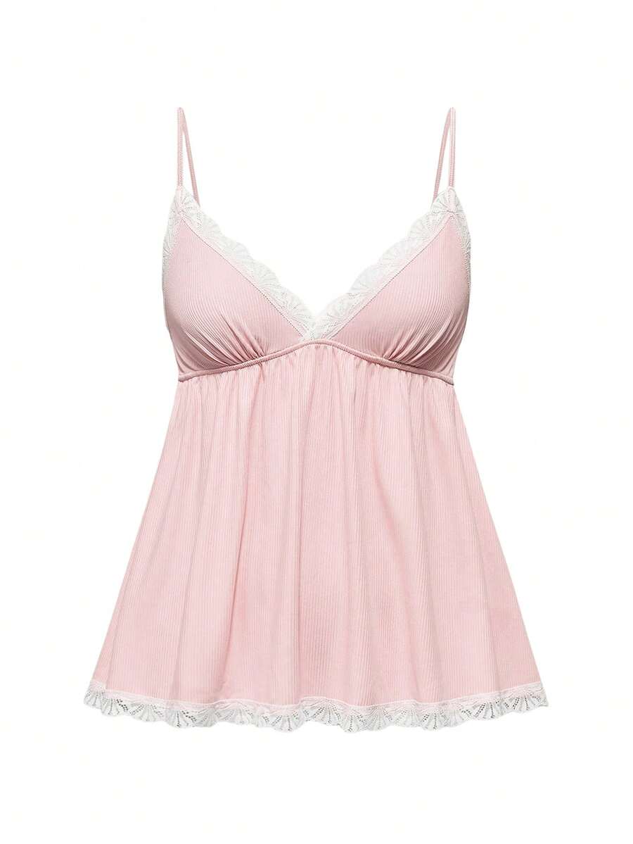 Ribbed lace camisole and shorts pajama set with spaghetti straps, bow detail, and contrast lace trim