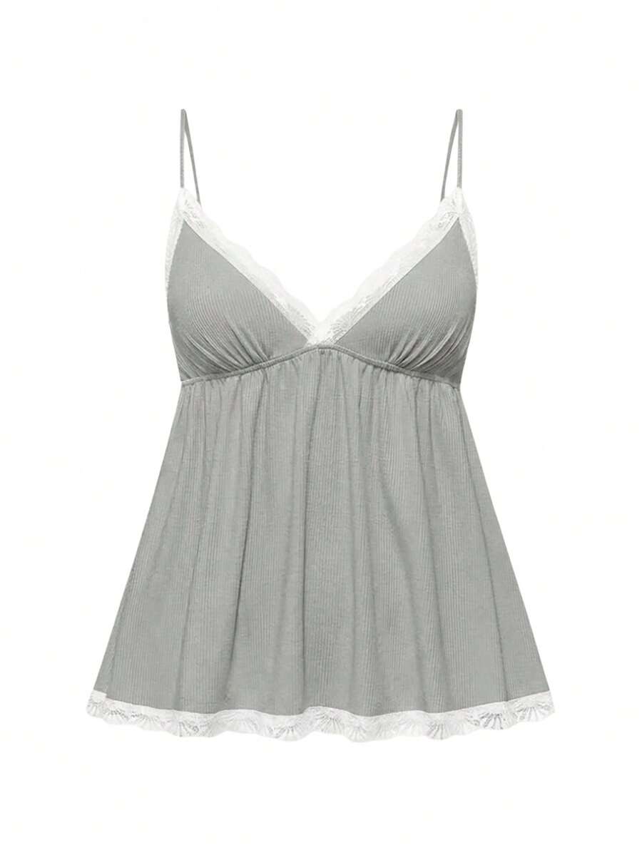 Ribbed lace camisole and shorts pajama set with spaghetti straps, bow detail, and contrast lace trim