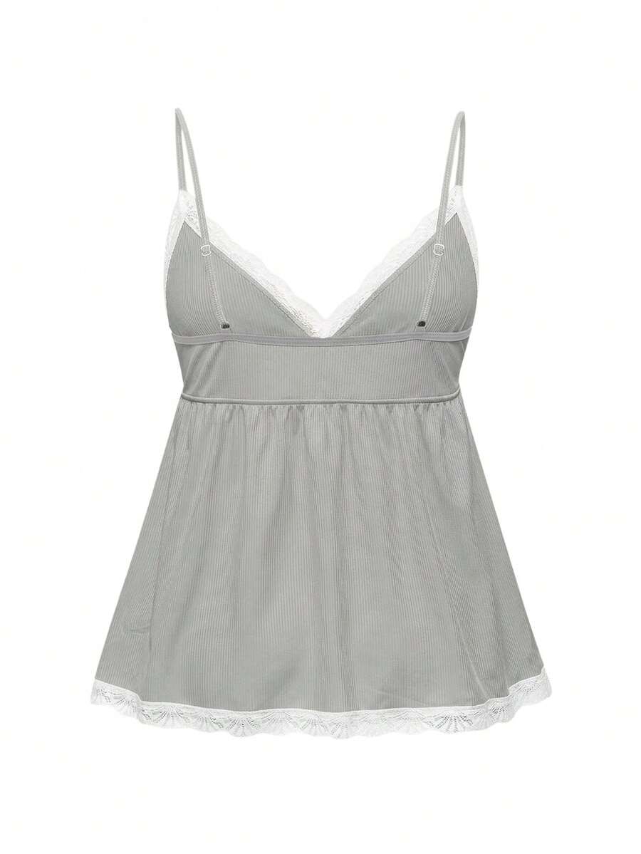 Ribbed lace camisole and shorts pajama set with spaghetti straps, bow detail, and contrast lace trim