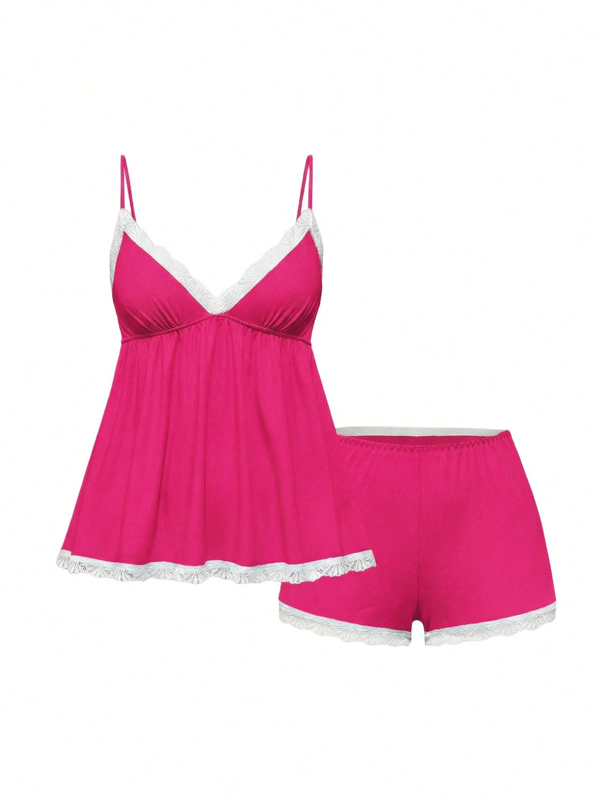 Ribbed lace camisole and shorts pajama set with spaghetti straps, bow detail, and contrast lace trim