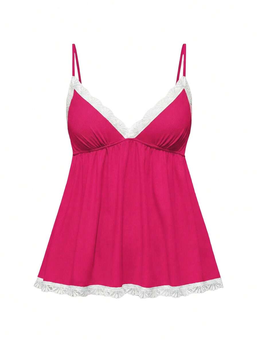 Ribbed lace camisole and shorts pajama set with spaghetti straps, bow detail, and contrast lace trim