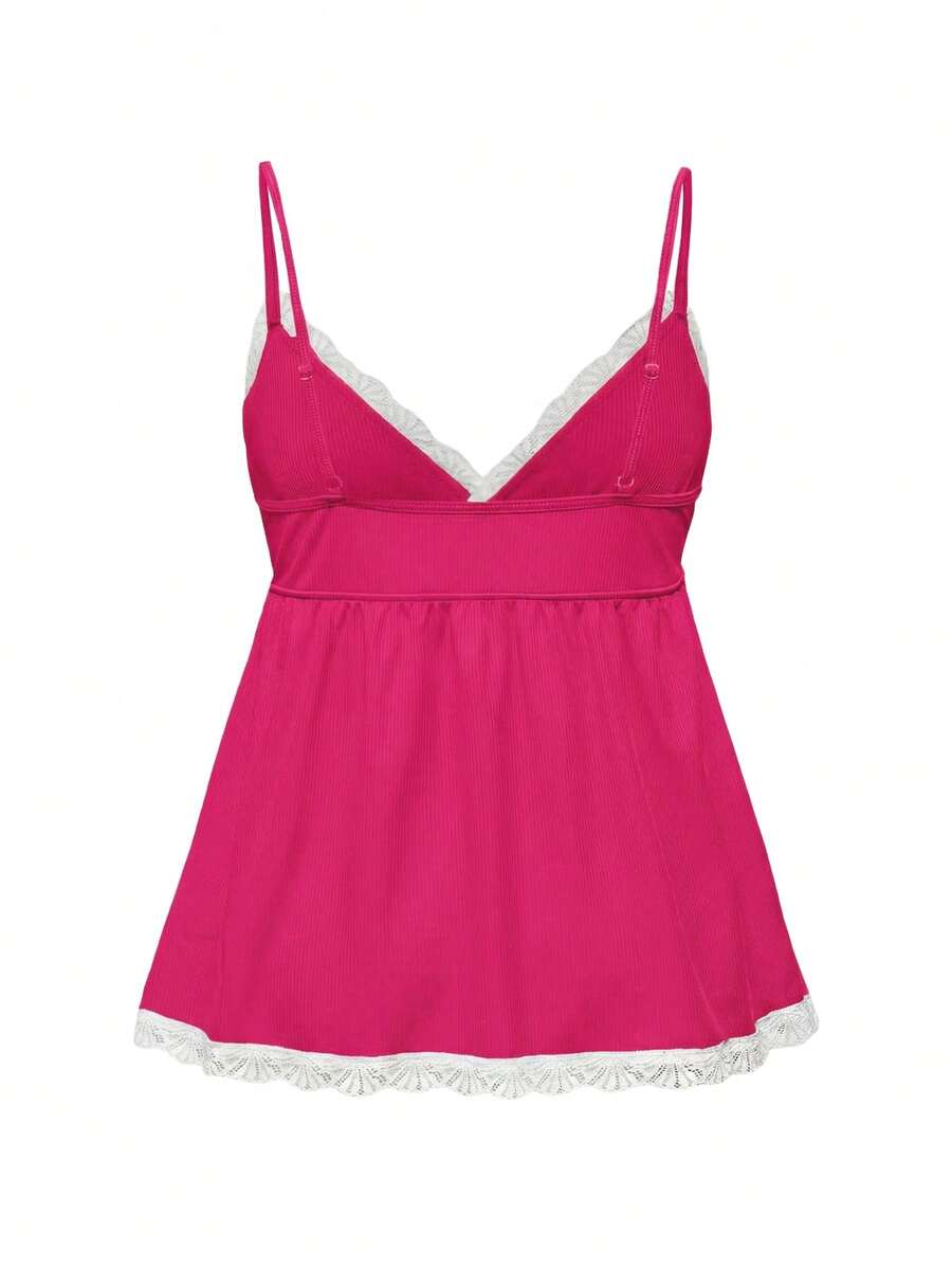 Ribbed lace camisole and shorts pajama set with spaghetti straps, bow detail, and contrast lace trim