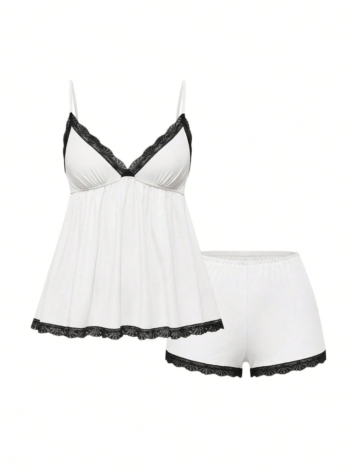 Ribbed lace camisole and shorts pajama set with spaghetti straps, bow detail, and contrast lace trim