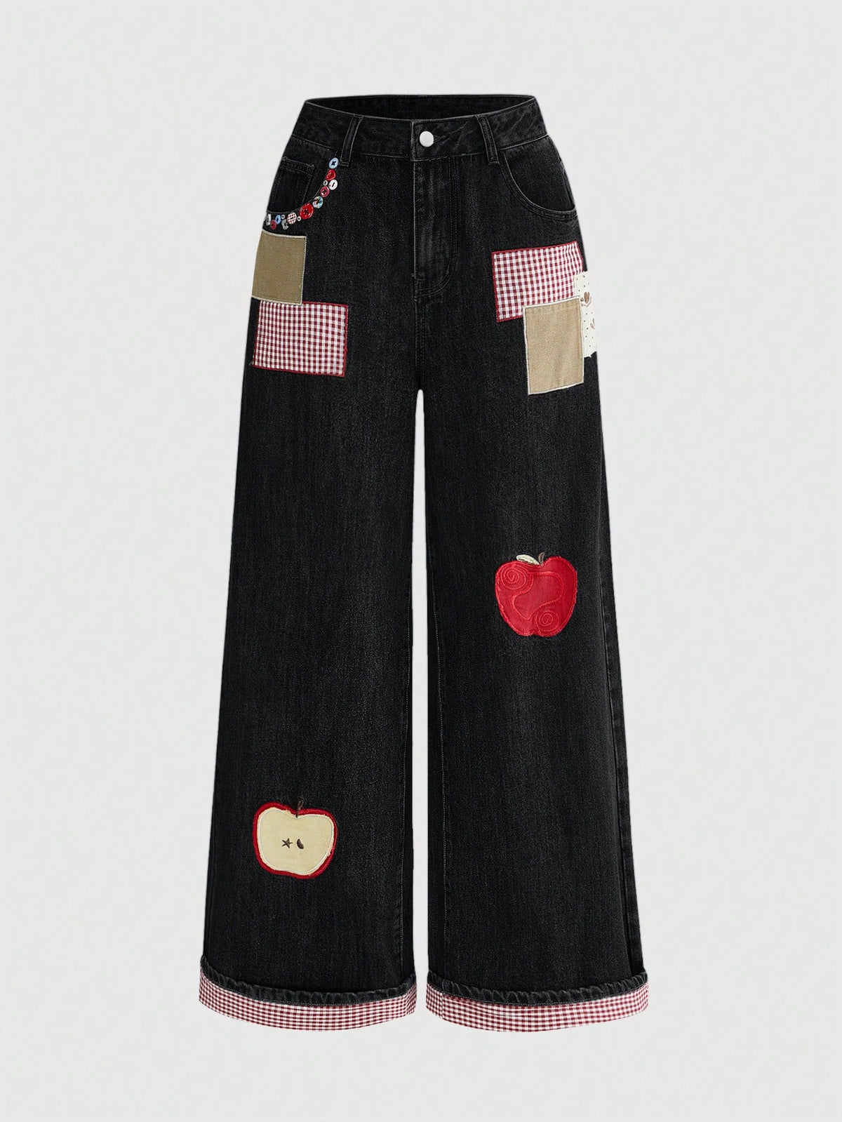 Women's loose baggy blue denim jeans featuring embroidered dragonfly and ladybug patch appliques, front pockets, and a straight-leg cut.