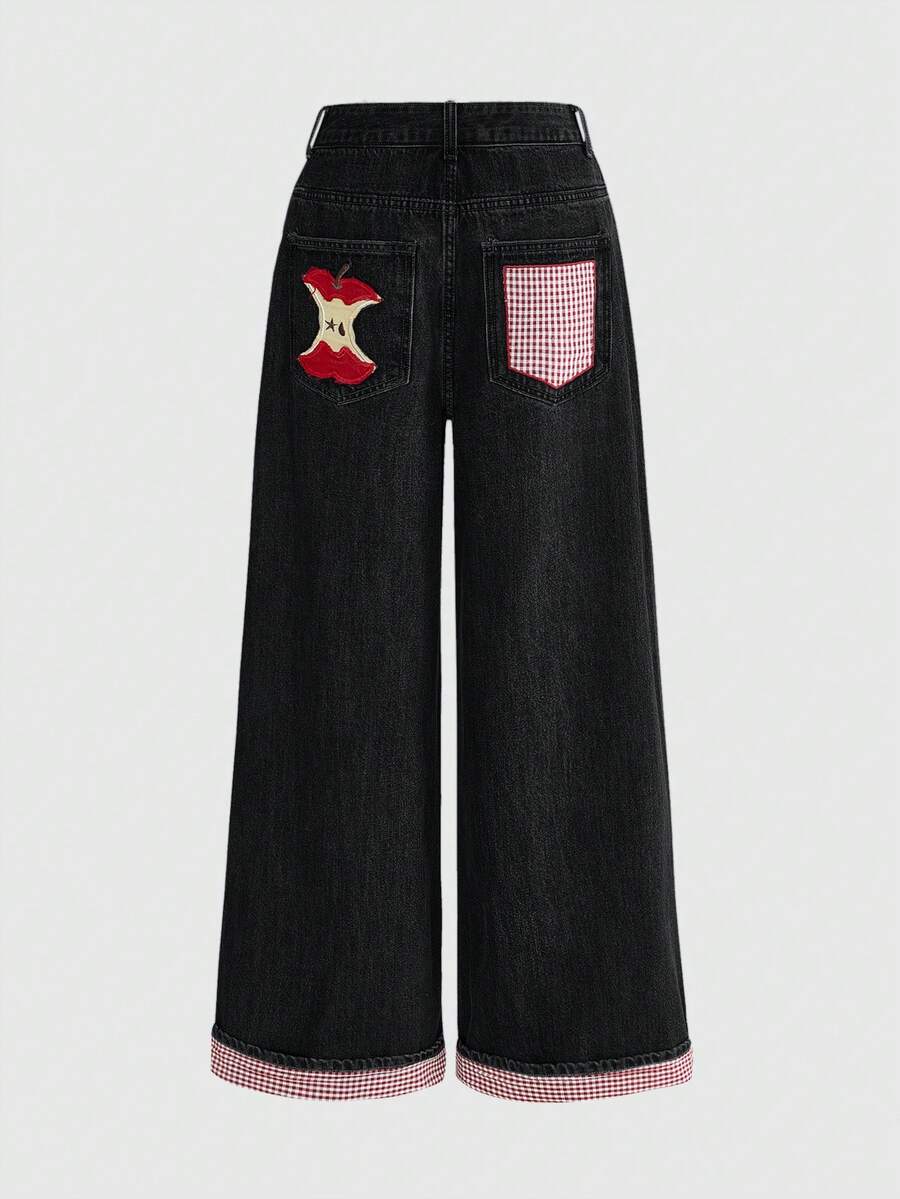 Women's loose baggy blue denim jeans featuring embroidered dragonfly and ladybug patch appliques, front pockets, and a straight-leg cut.