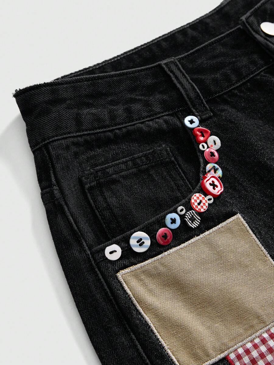 Women's loose baggy blue denim jeans featuring embroidered dragonfly and ladybug patch appliques, front pockets, and a straight-leg cut.