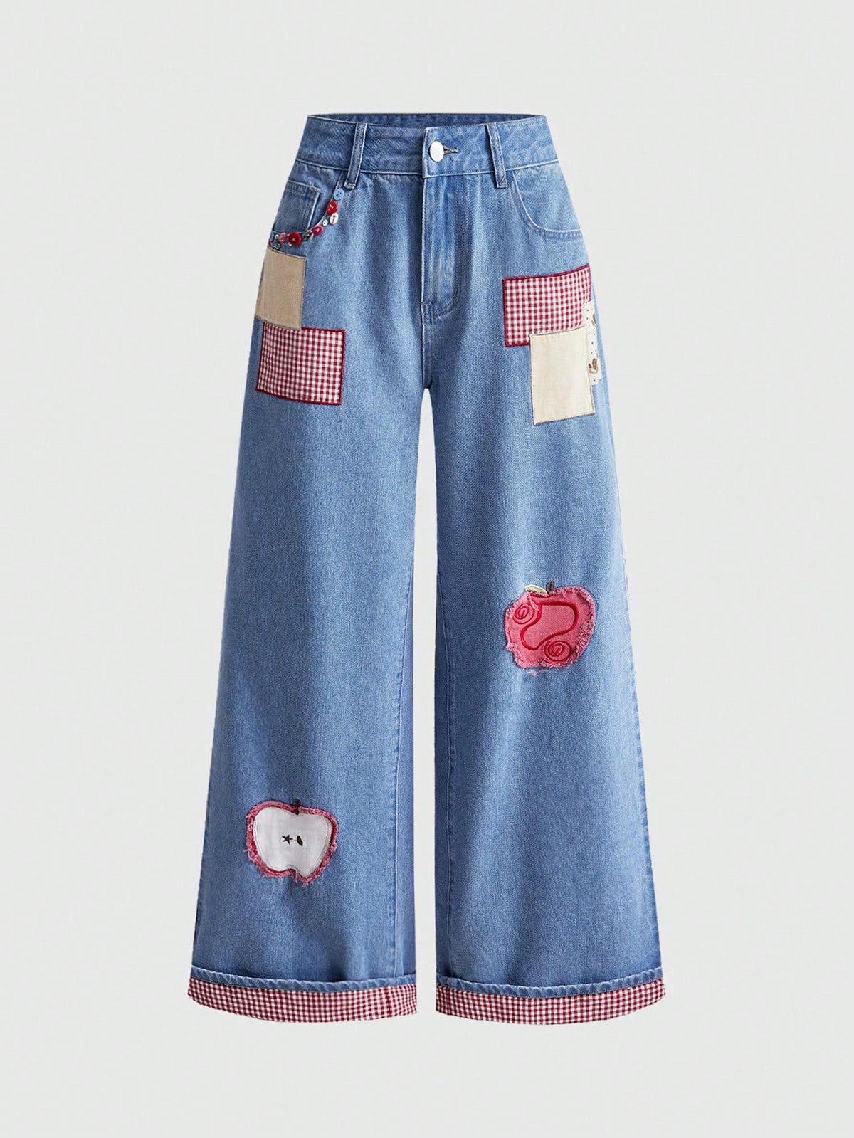 Women's loose baggy blue denim jeans featuring embroidered dragonfly and ladybug patch appliques, front pockets, and a straight-leg cut.