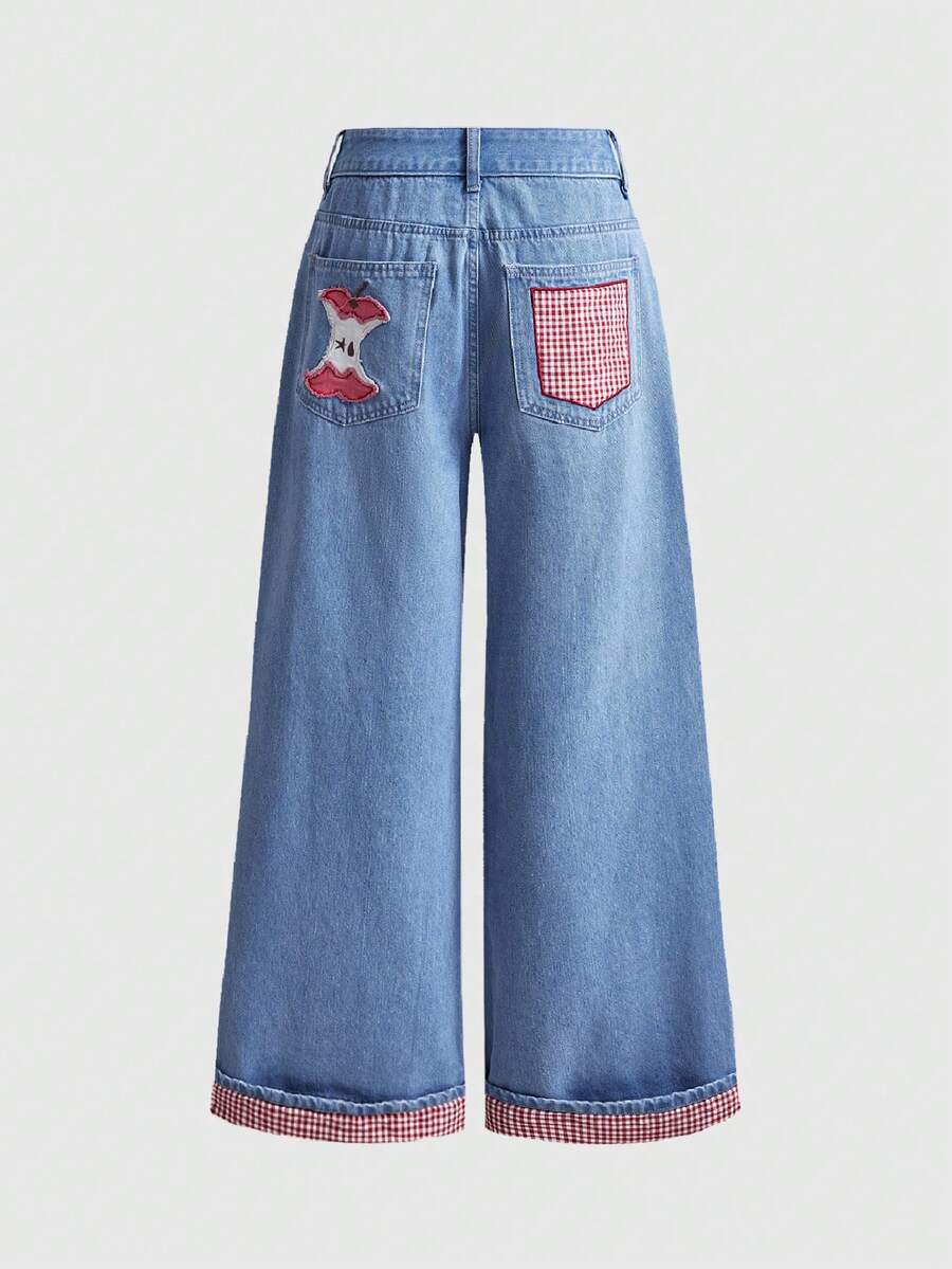 Women's loose baggy blue denim jeans featuring embroidered dragonfly and ladybug patch appliques, front pockets, and a straight-leg cut.