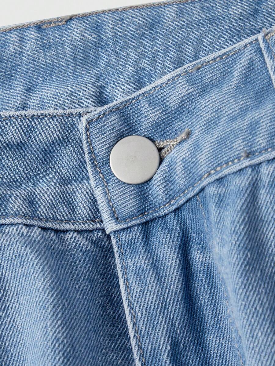 Women's loose baggy blue denim jeans featuring embroidered dragonfly and ladybug patch appliques, front pockets, and a straight-leg cut.