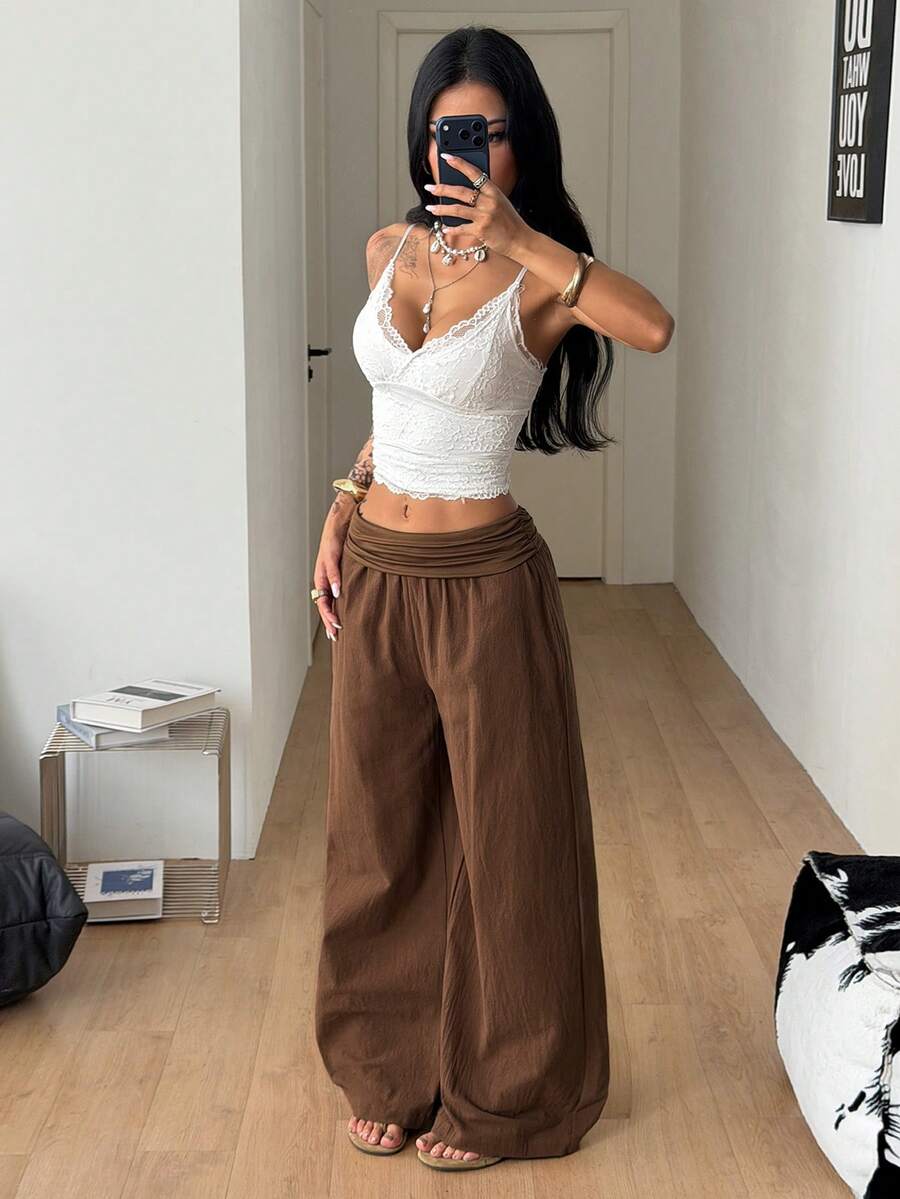 Women's 100% cotton casual wide leg pants with elastic waist and ruched detail