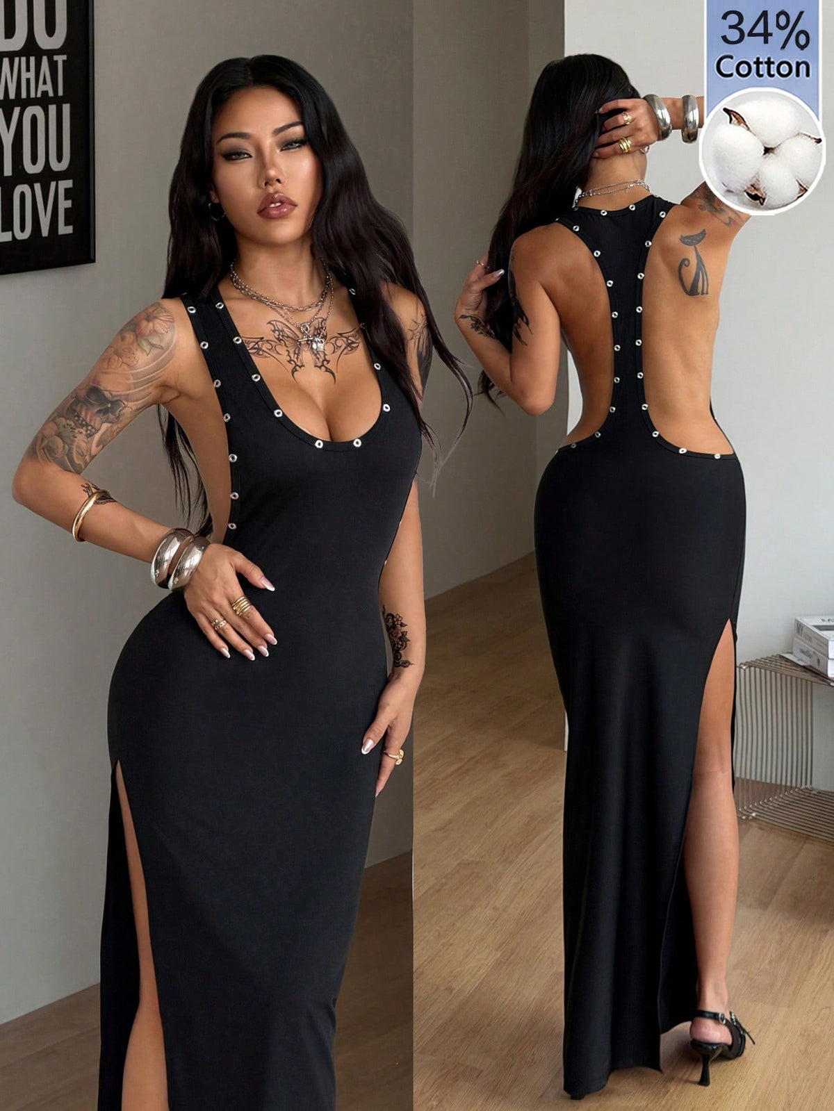 Front and side view of a women's black sleeveless bodycon maxi dress featuring a round neckline, open back, and high leg slit with metallic grommet eyelet details.