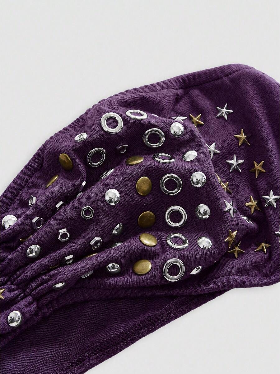 Women's strapless crop top with studded rivet detailing, asymmetrical hem, and matching detached arm sleeves in stretch knit fabric.