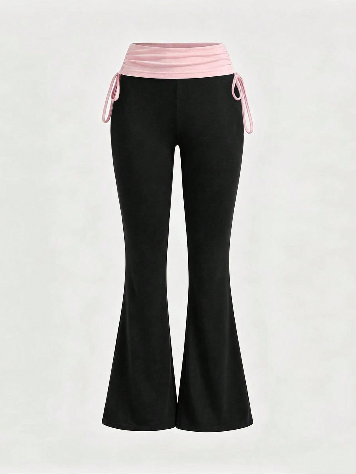 Women's low waist flare leg pants featuring an elastic drawstring waistband and ruched detail in knitted fabric.
