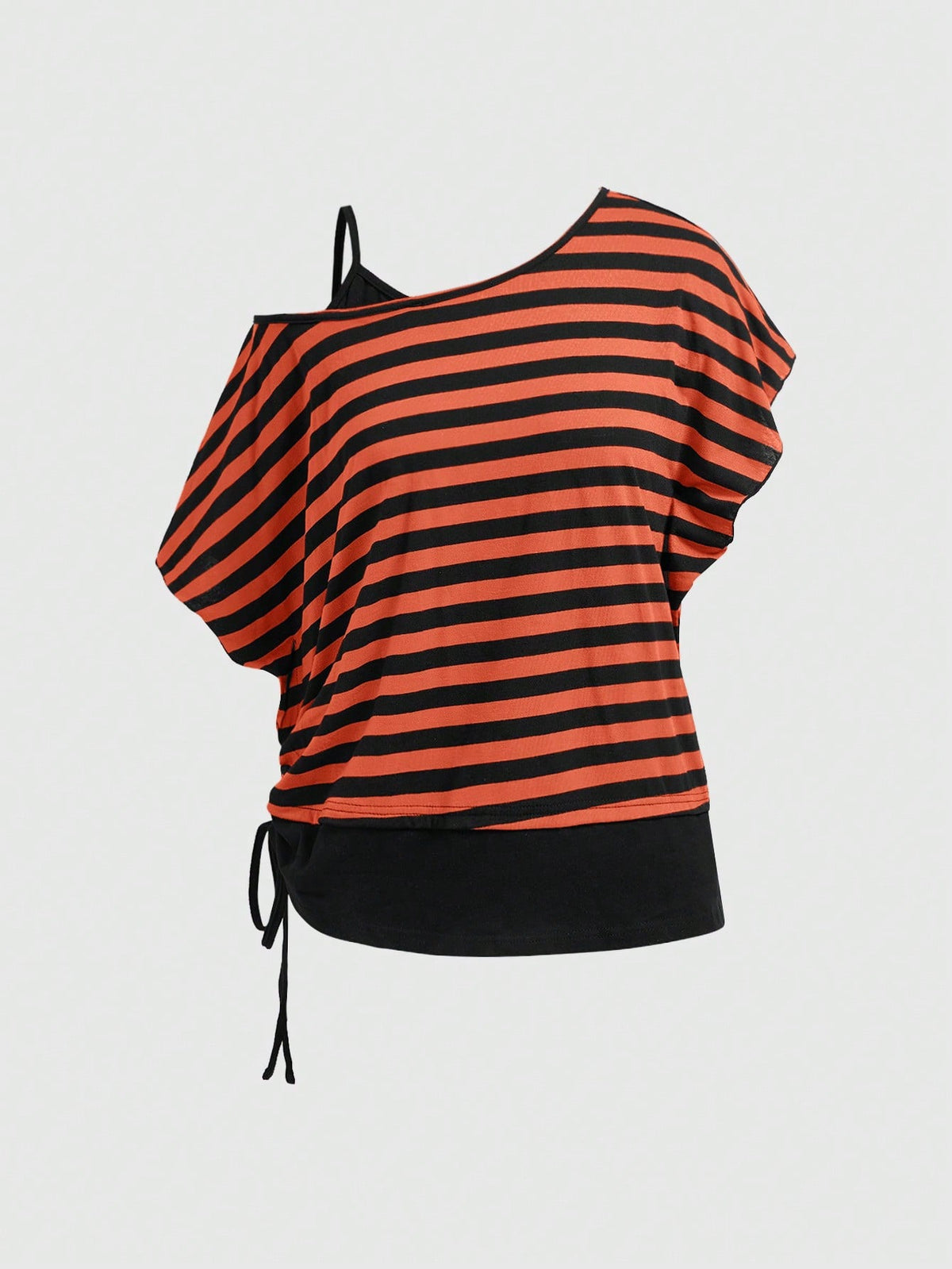 Women's striped t-shirt featuring an asymmetric cold shoulder neckline, batwing short sleeves, and ruched drawstring details in a loose knit fit.