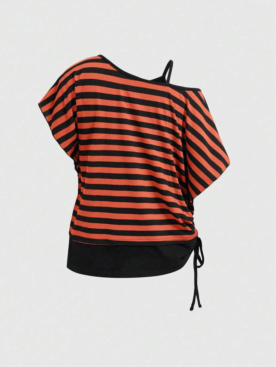 Women's striped t-shirt featuring an asymmetric cold shoulder neckline, batwing short sleeves, and ruched drawstring details in a loose knit fit.