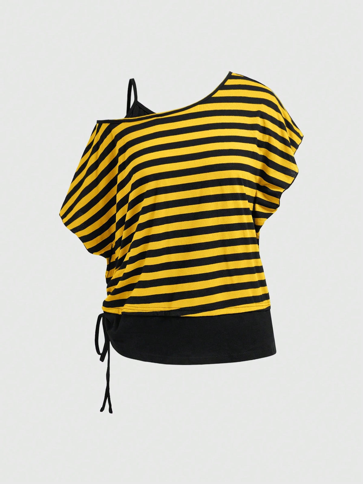 Women's striped t-shirt featuring an asymmetric cold shoulder neckline, batwing short sleeves, and ruched drawstring details in a loose knit fit.