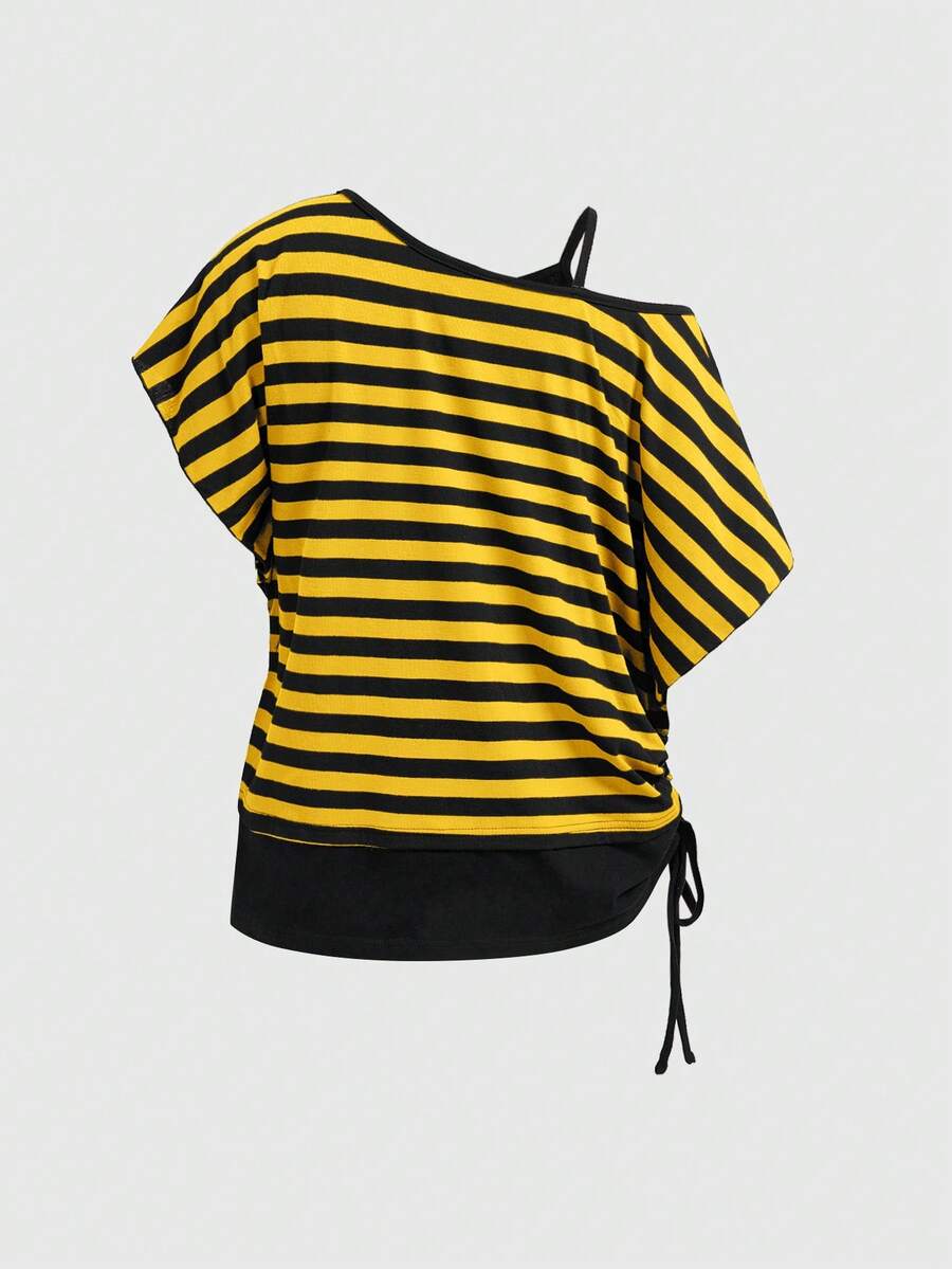 Women's striped t-shirt featuring an asymmetric cold shoulder neckline, batwing short sleeves, and ruched drawstring details in a loose knit fit.